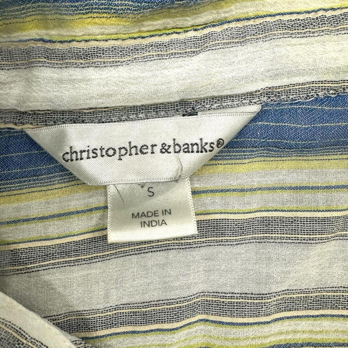 Christopher & Banks Vintage Striped Button Up Top in Blue White Lime Green
