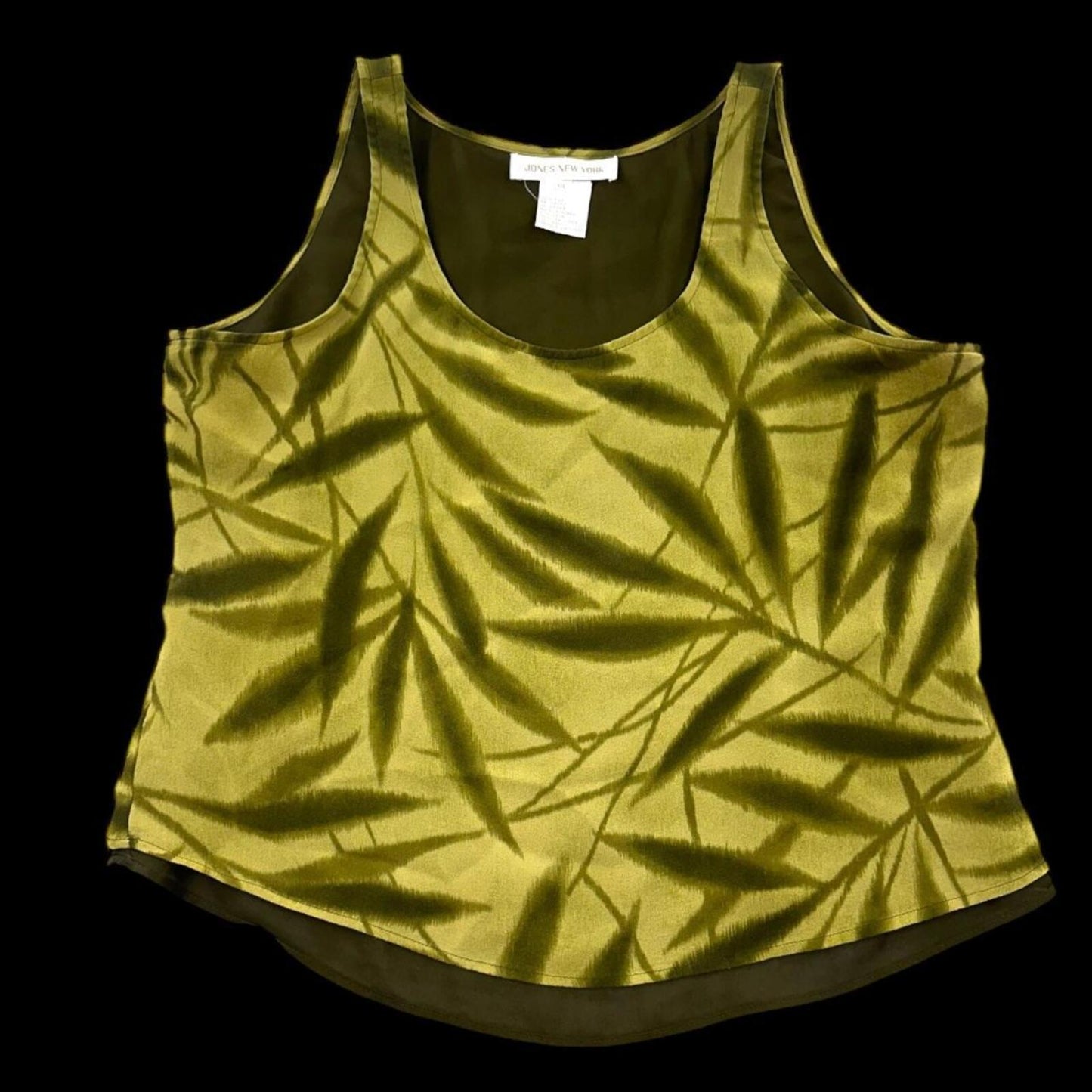 Jones New York 100% Silk Leaf Print Tank Top in Green Khaki Bohemian Y2K