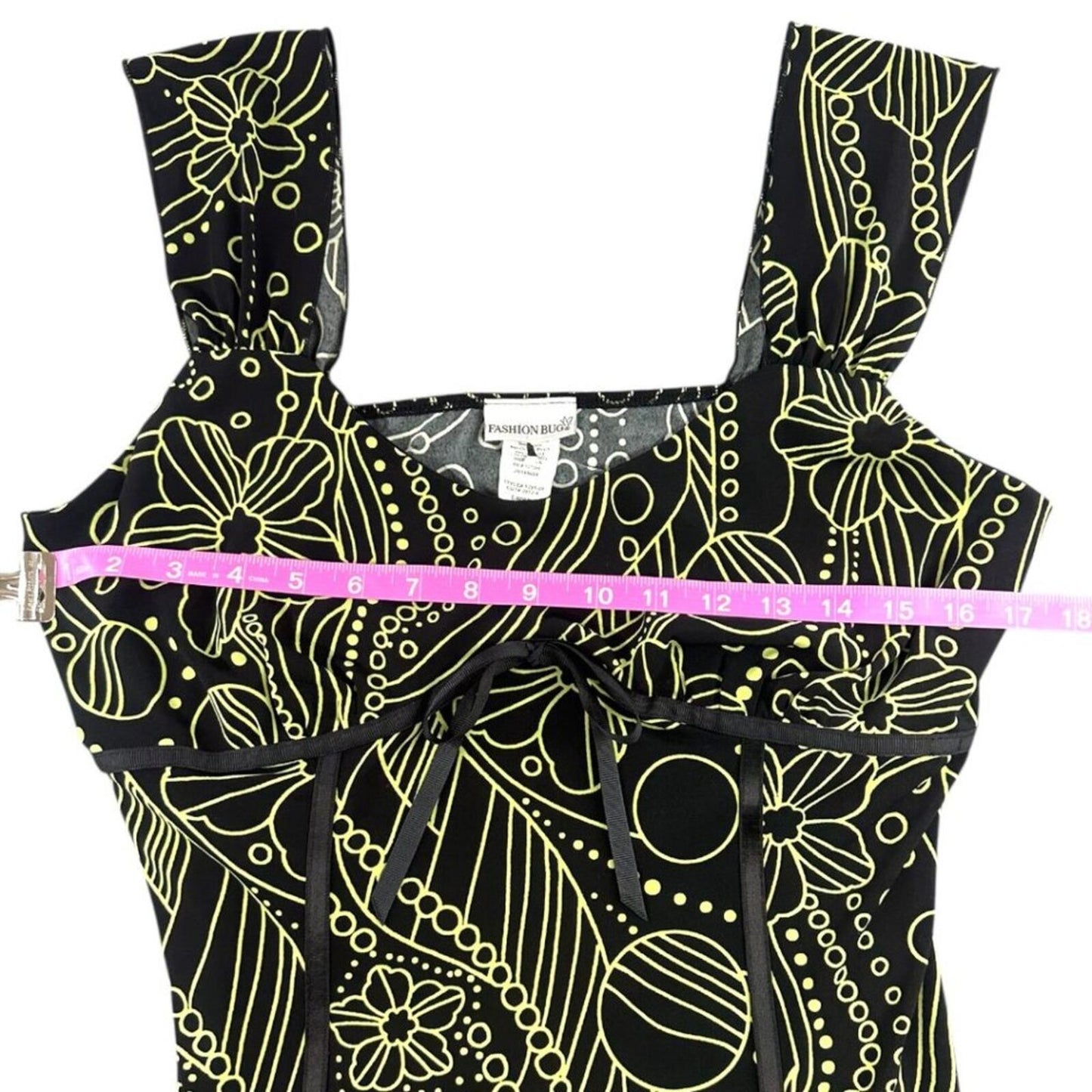 Fashion Bug Y2K Corset Style Tank Top Black Neon Green Floral Whimsigoth Fairy