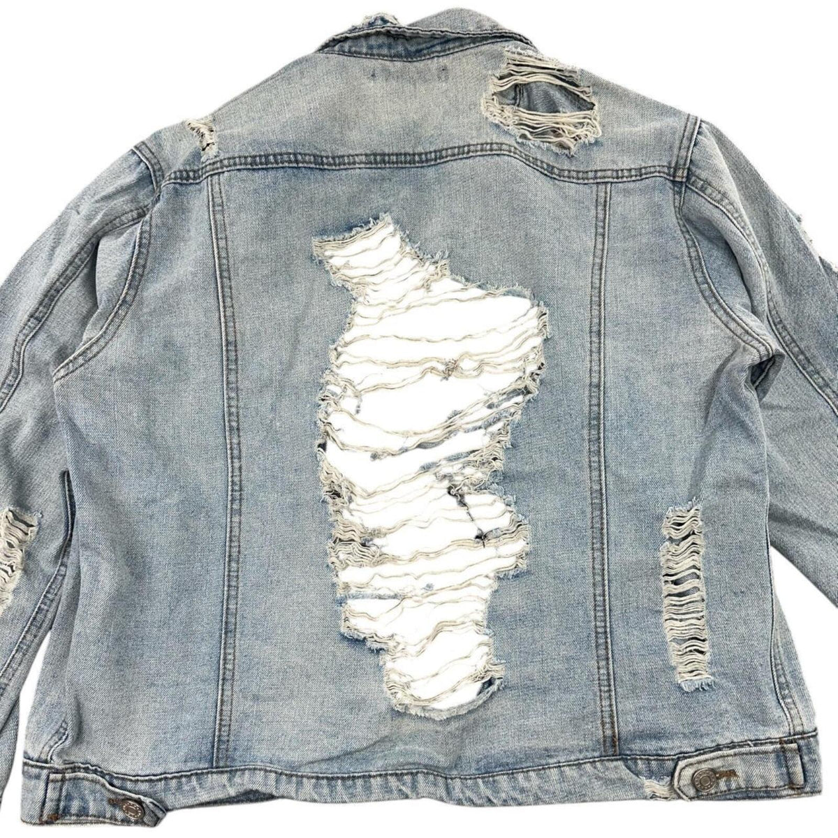 Charlotte Russe Heavy Distressed Light Wash Denim Jacket with Distressed Back
