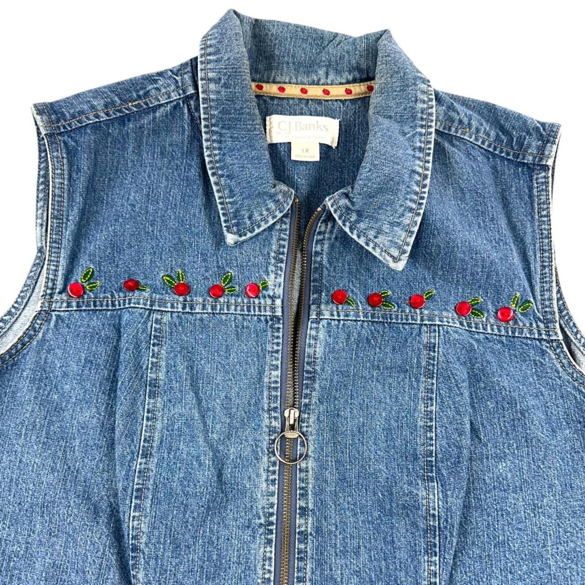 Christopher & Banks Vintage Y2K Cherry Embroidered Denim Vest Wash