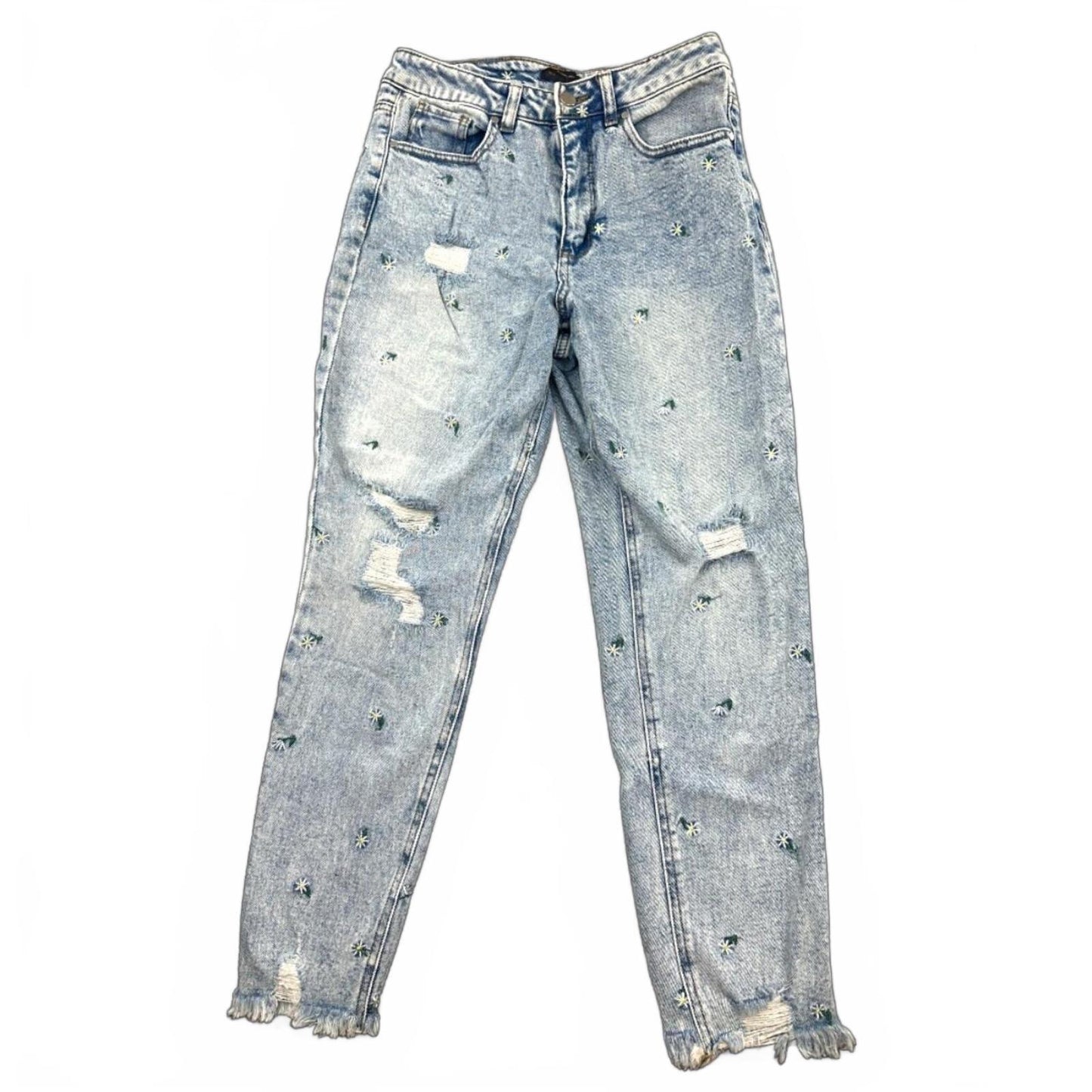 Material Girl Daisy Distressed Mom Jeans Blue High Rise Vintage Y2K Embroidered