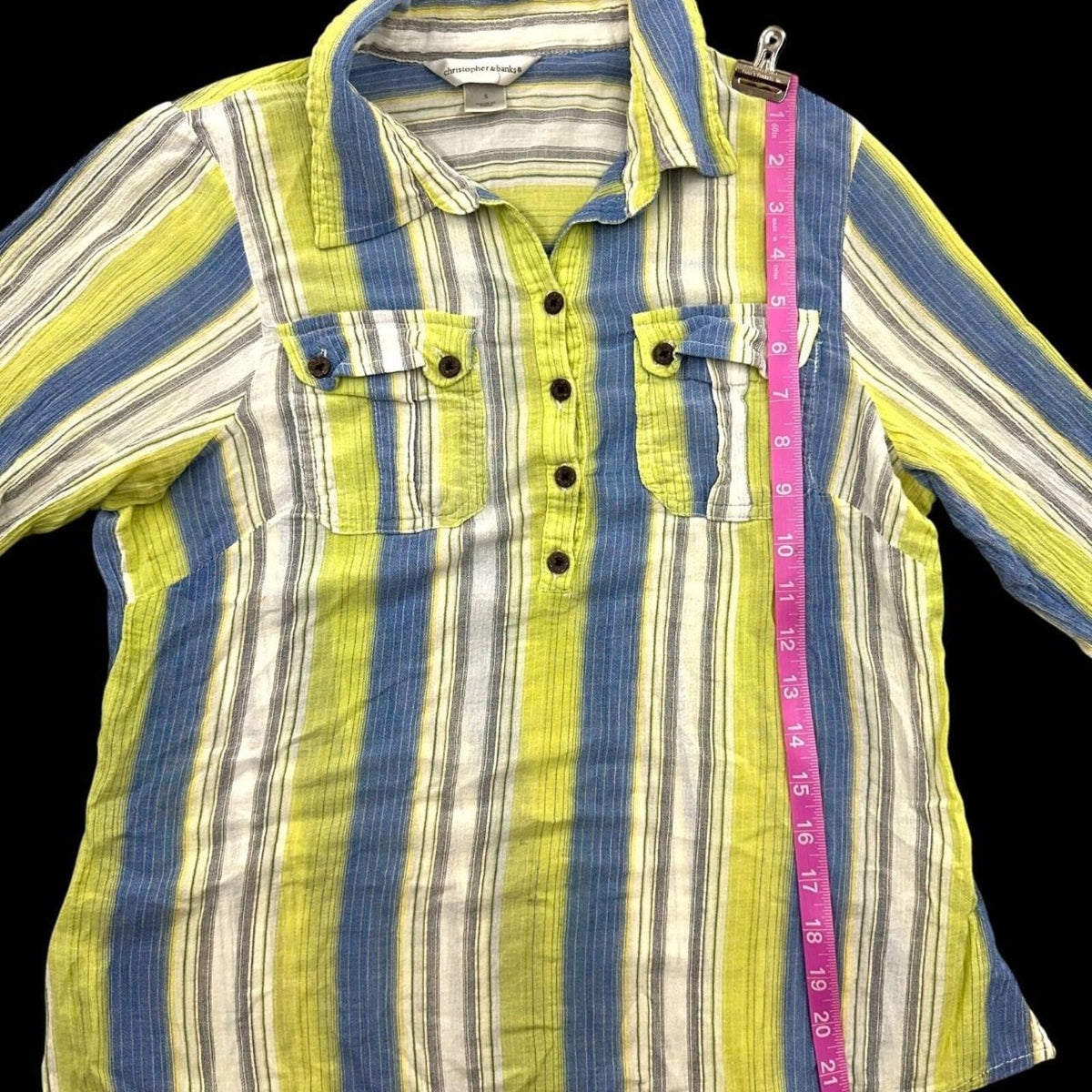 Christopher & Banks Vintage Striped Button Up Top in Blue White Lime Green