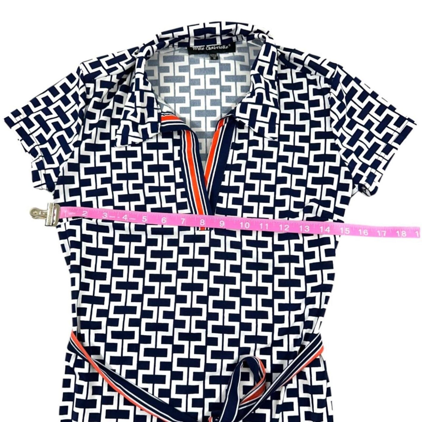 Mlle Gabrielle Blue and White Geometric Print Dress with Belt Preppy Coquette