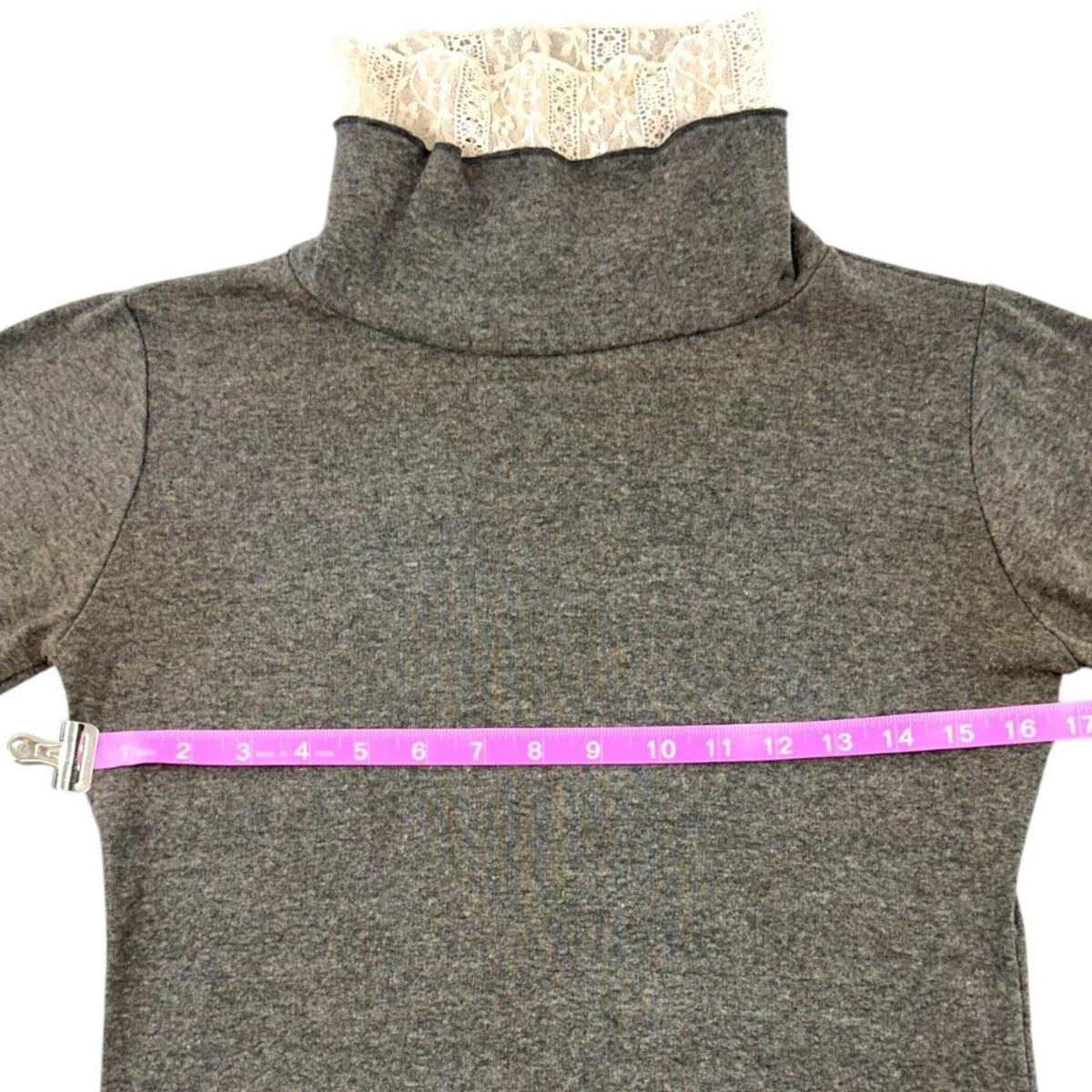 Heathered Charcoal Gray Long Sleeve Turtleneck Top with Off White Lace Trim
