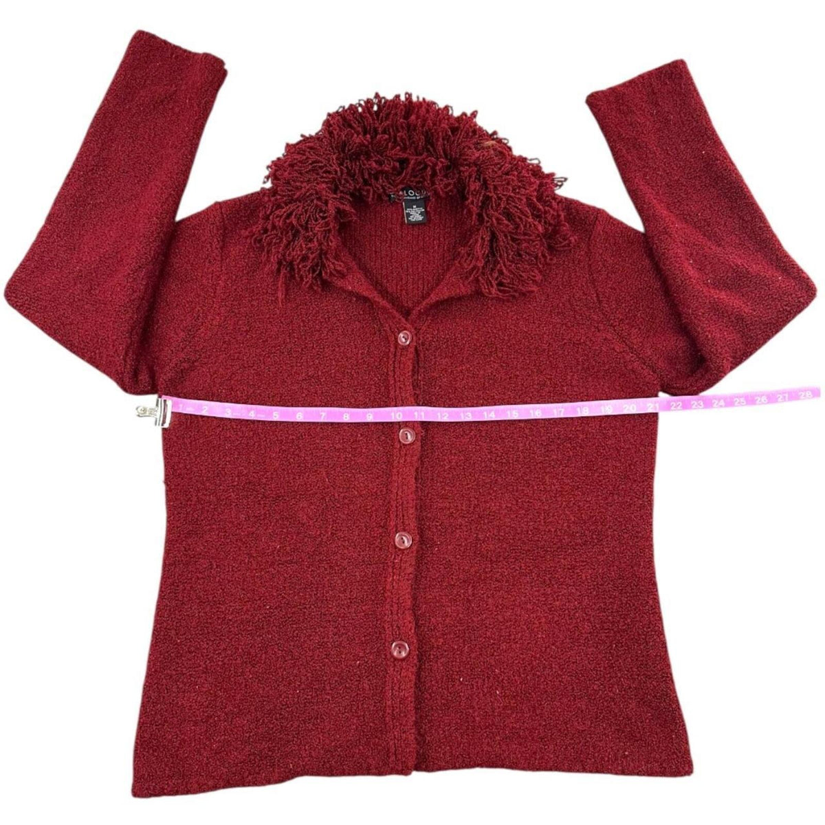Dialogue Red Burgundy Y2K Cardigan Shaggy Fringe Collar Vintage Inspired Boho