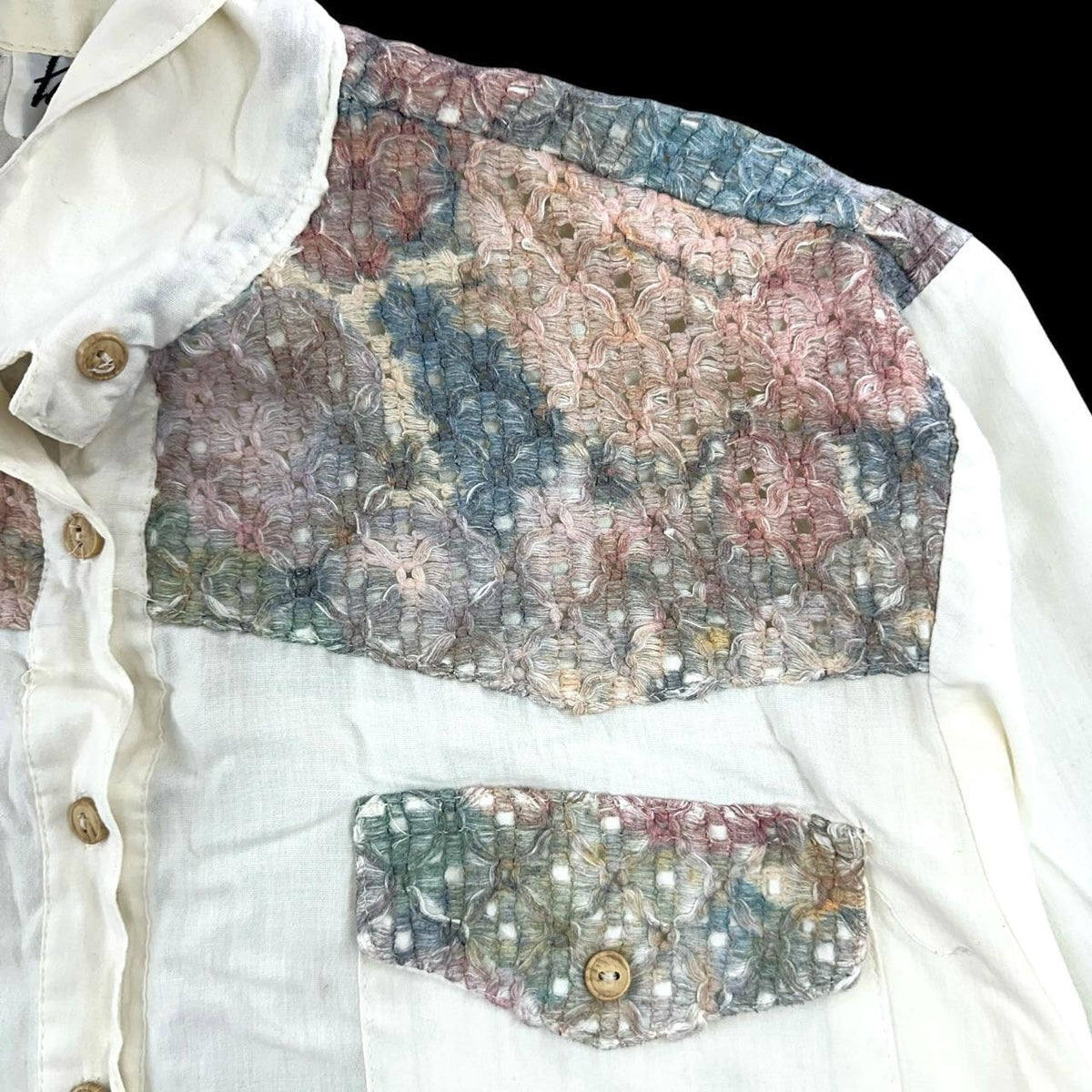 Vintage Tap & Co. Western Button Down Shirt Cream Cotton with Aztec Patchwork