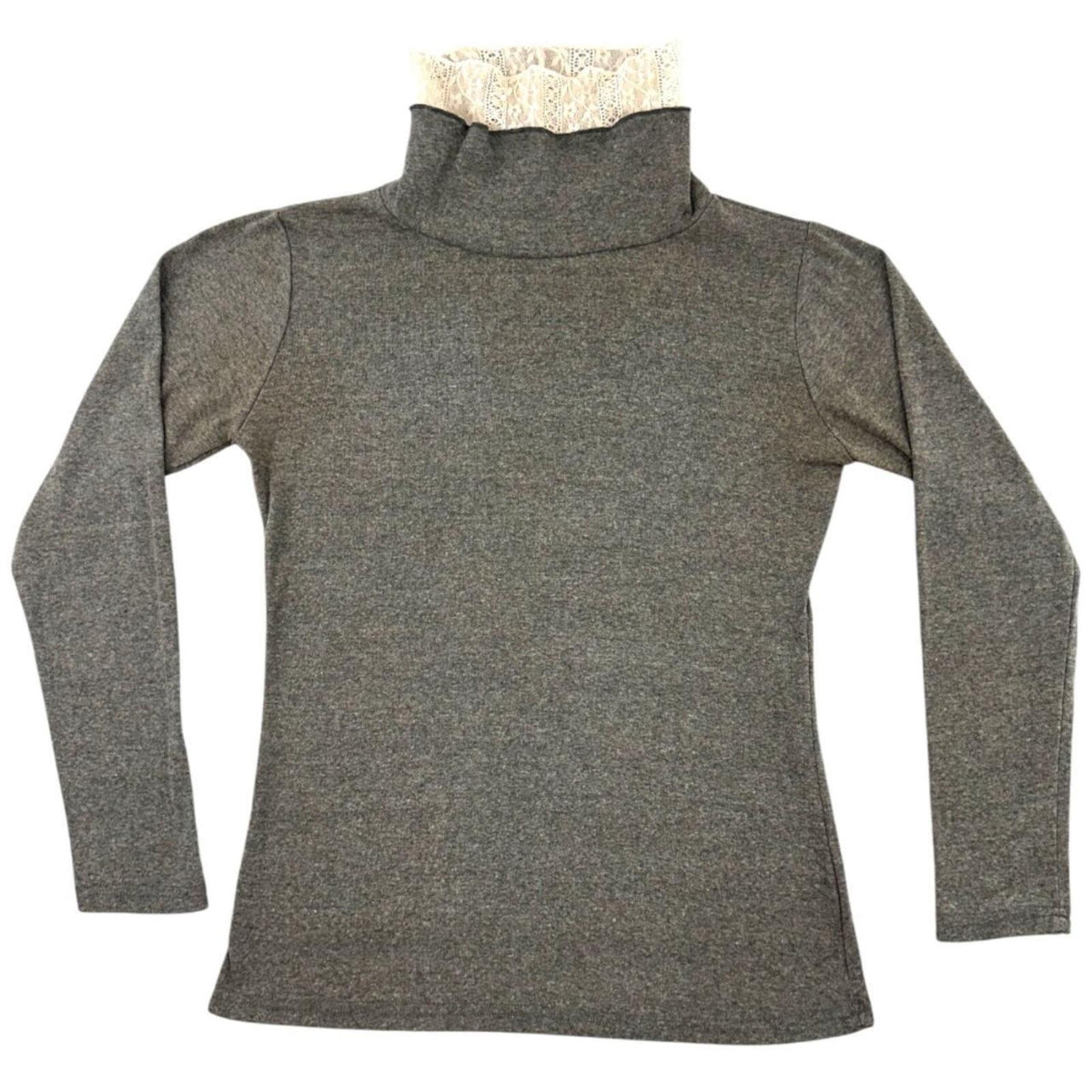Heathered Charcoal Gray Long Sleeve Turtleneck Top with Off White Lace Trim