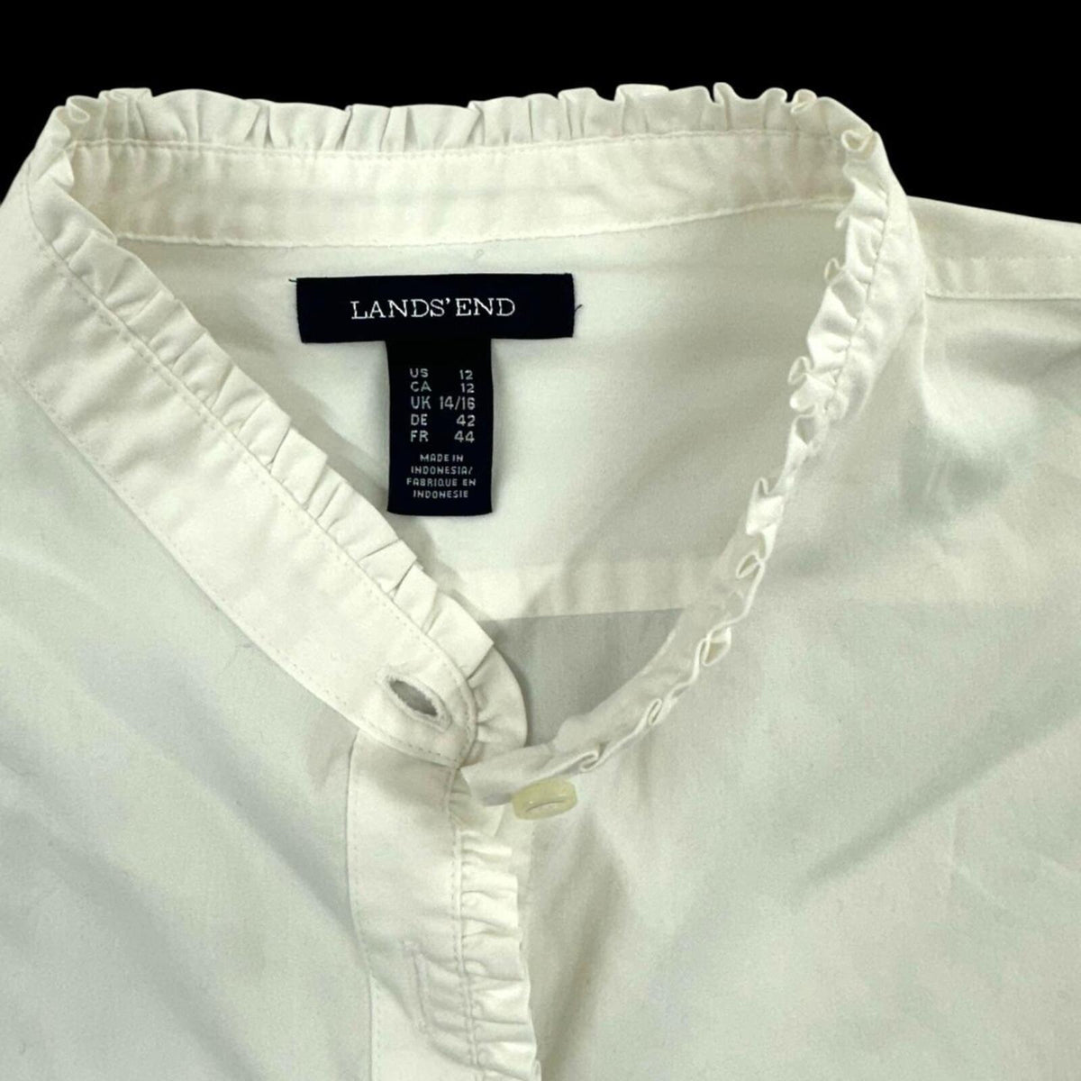 Lands' End White Sleeveless Button Up Shirt with Ruffle Collar