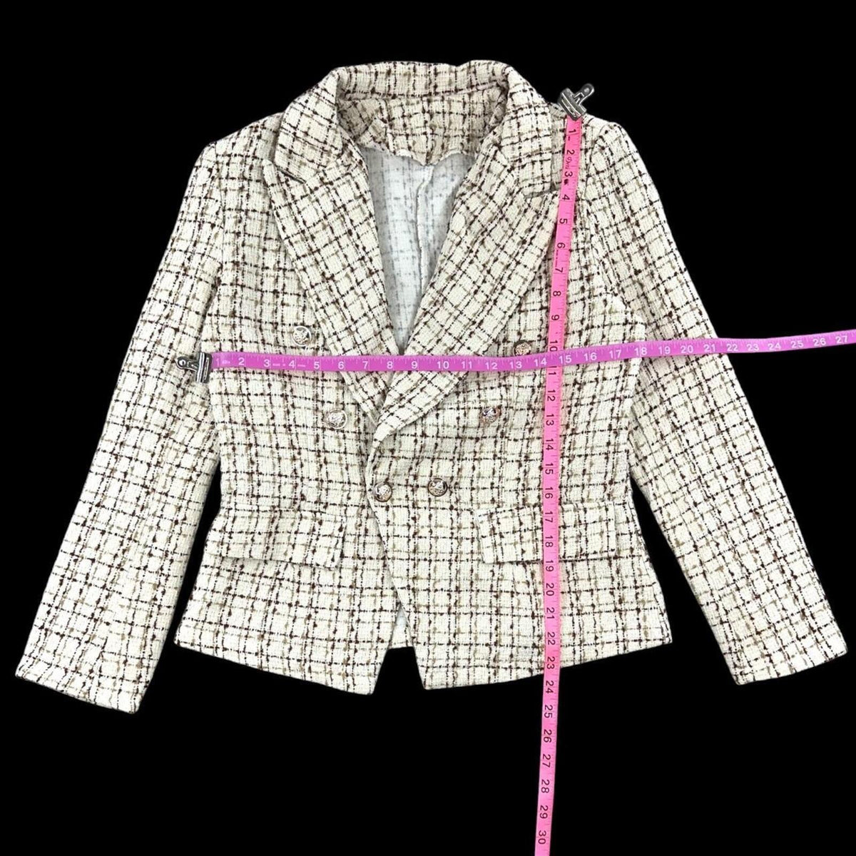 SHEIN Cream and Brown Tweed Double Breasted Blazer with Gold Buttons