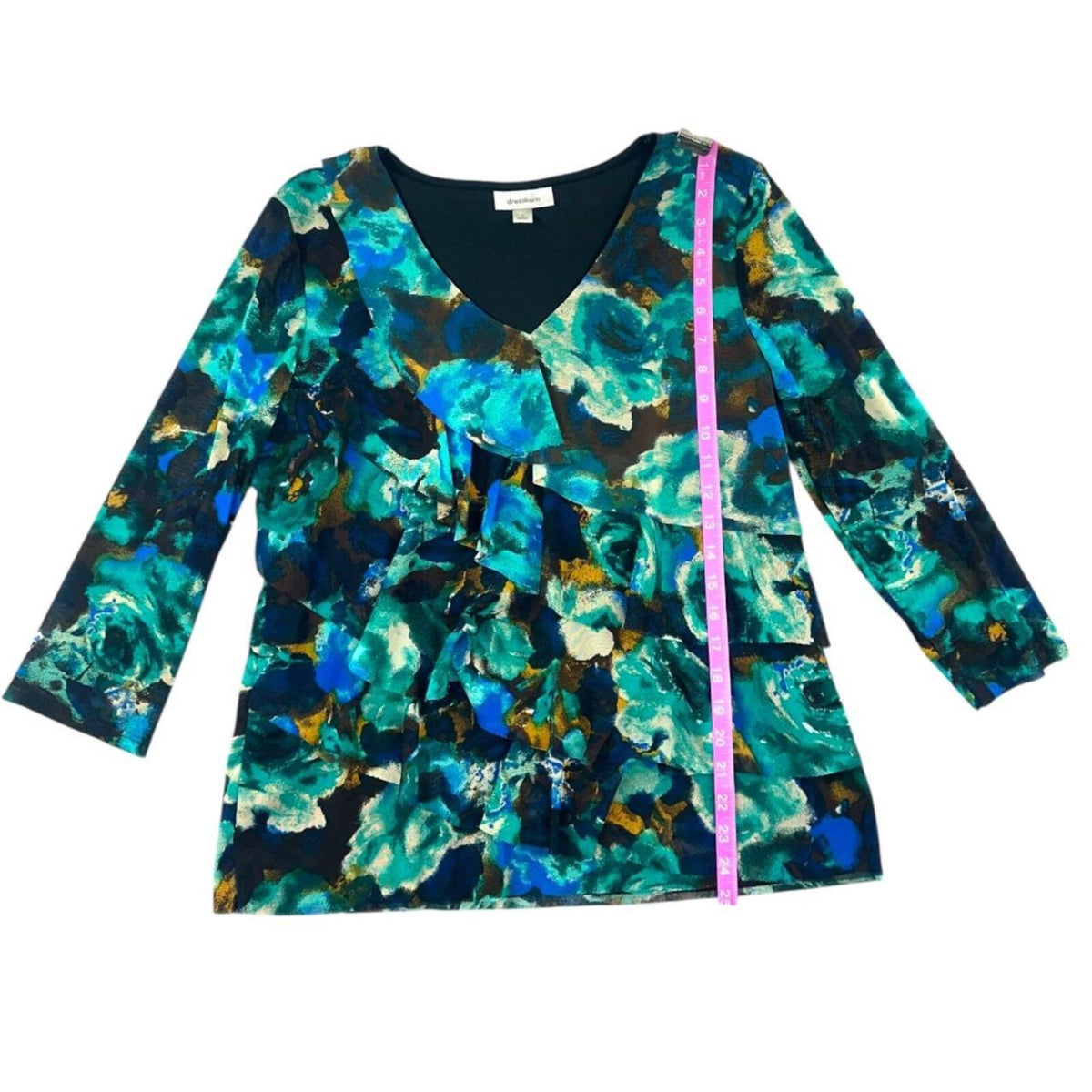 Dressbarn Y2K Floral Print V Neck Ruffle Blouse in Blue Teal Green