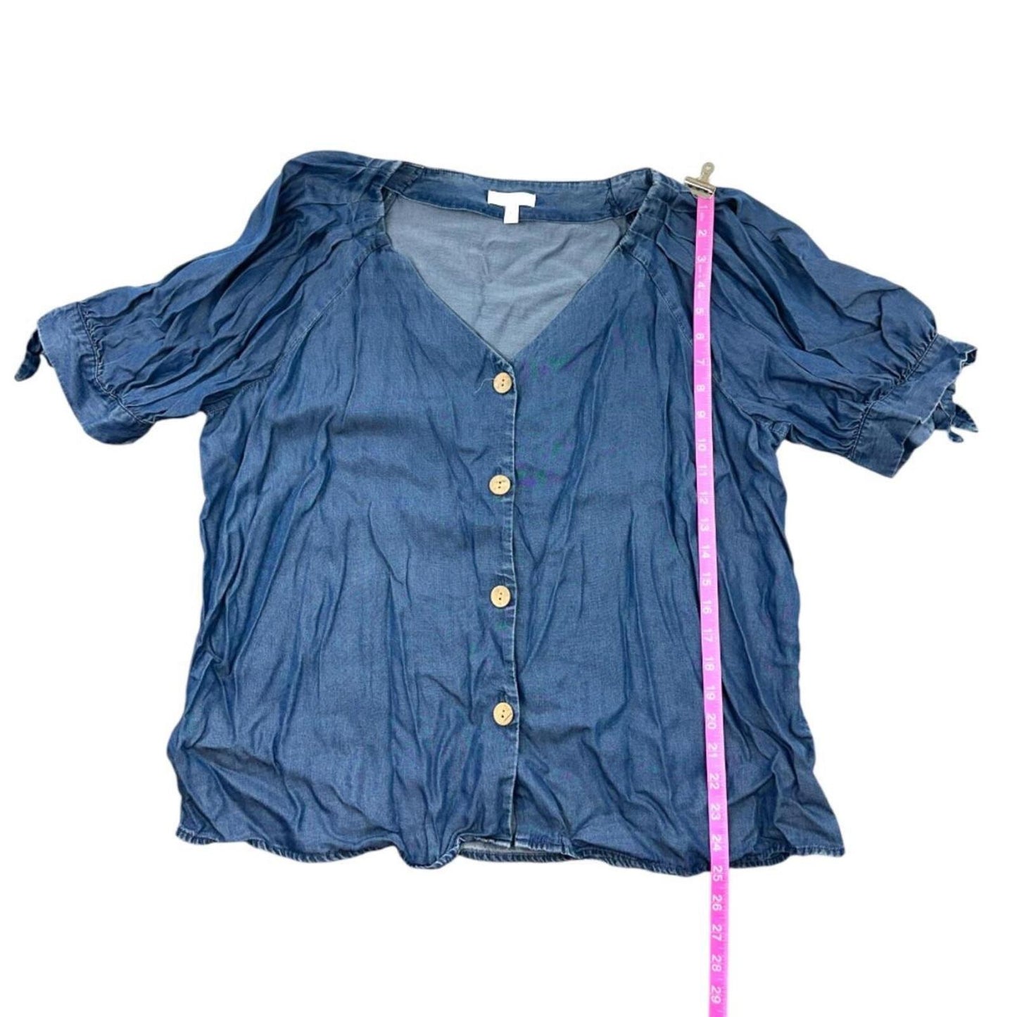 Lauren Conrad Denim V Neck Button Up Puff Sleeve Blouse