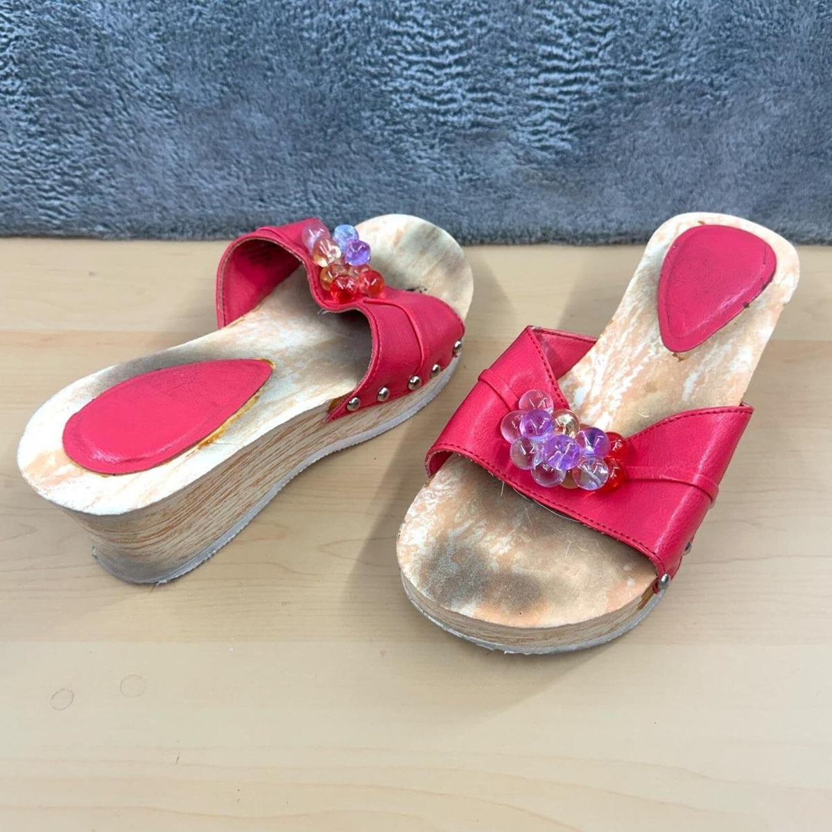 Hot Pink Y2K Wedge Sandals with Crystal Bead Accents