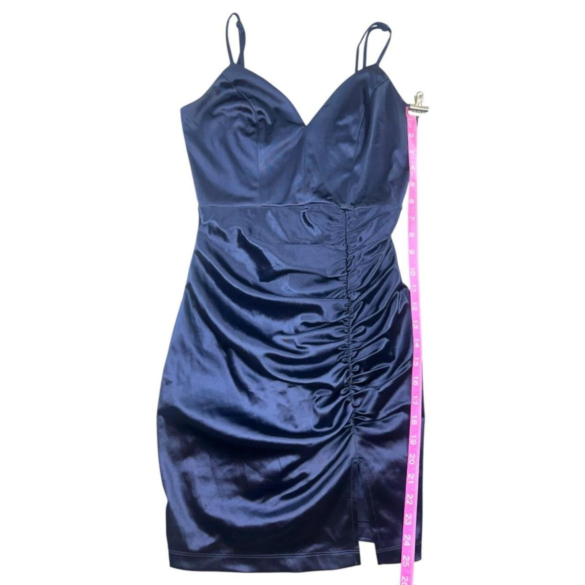 Emerald Sundae Navy Blue Satin Mini Dress with Ruched Detailing