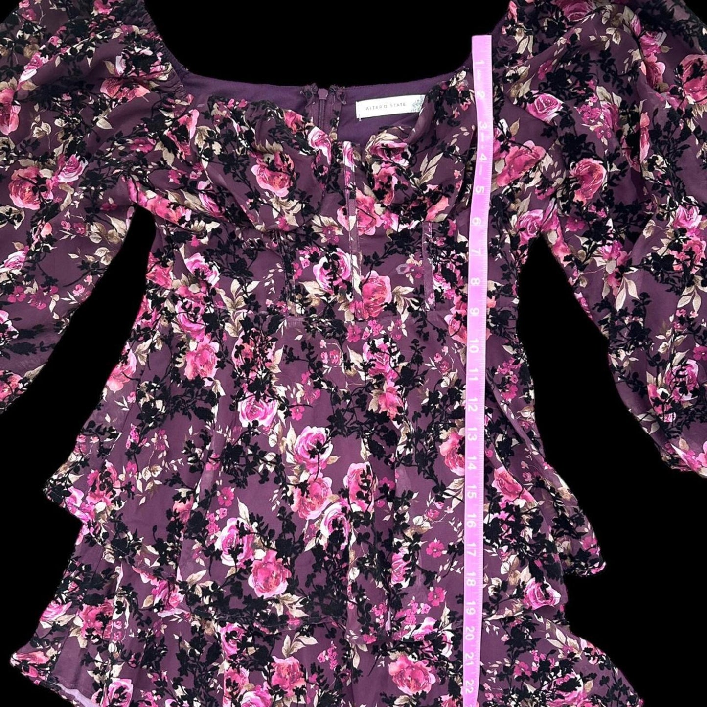 Altar'd State Burgundy Floral Velvet Mini Dress with Ruffles and Puff Sleeves