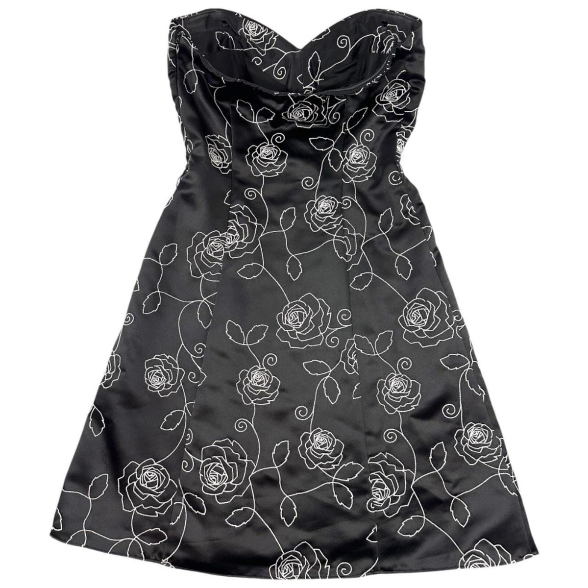 White House Black Market Strapless Black Sateen Dress with White Floral Embroide