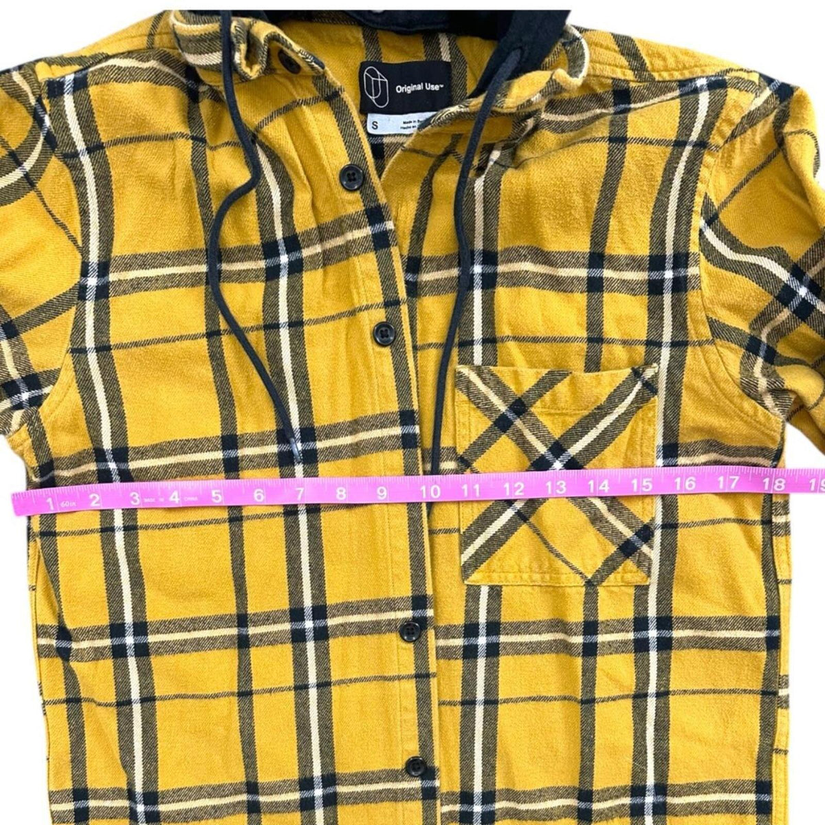 Original Use Long Sleeve Hooded Flannel Shirt Yellow Black White Plaid