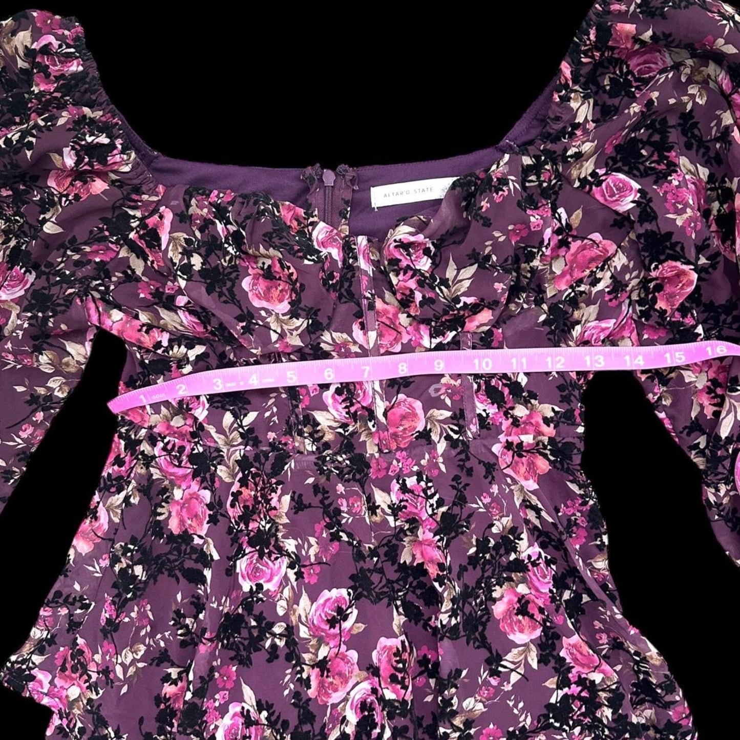 Altar'd State Burgundy Floral Velvet Mini Dress with Ruffles and Puff Sleeves