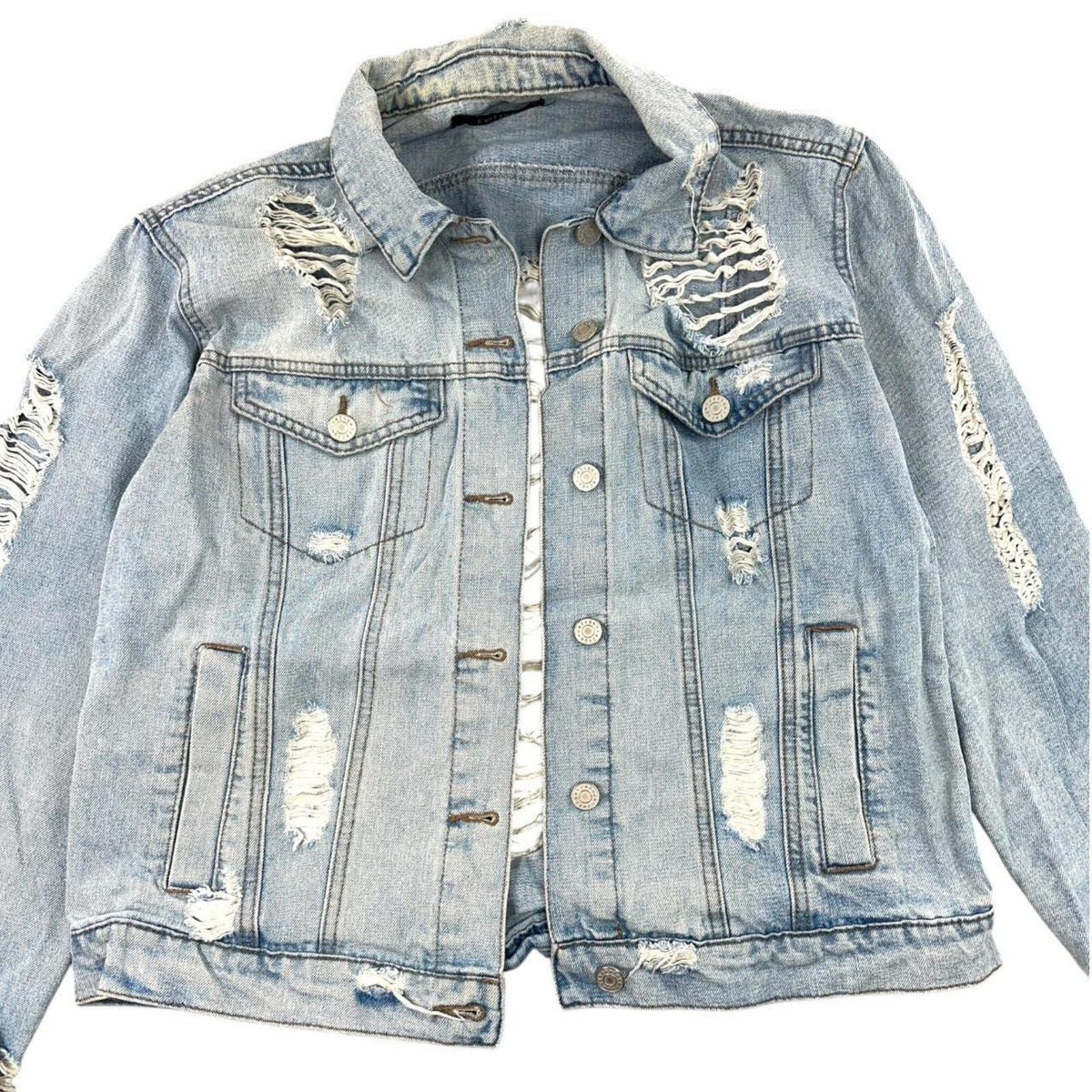 Charlotte Russe Heavy Distressed Light Wash Denim Jacket with Distressed Back