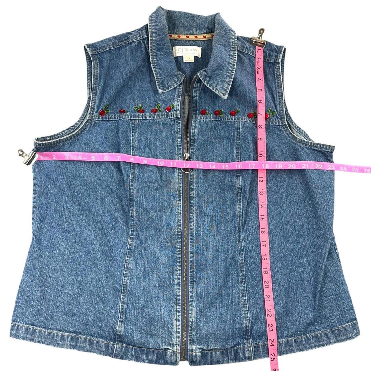 Christopher & Banks Vintage Y2K Cherry Embroidered Denim Vest Wash