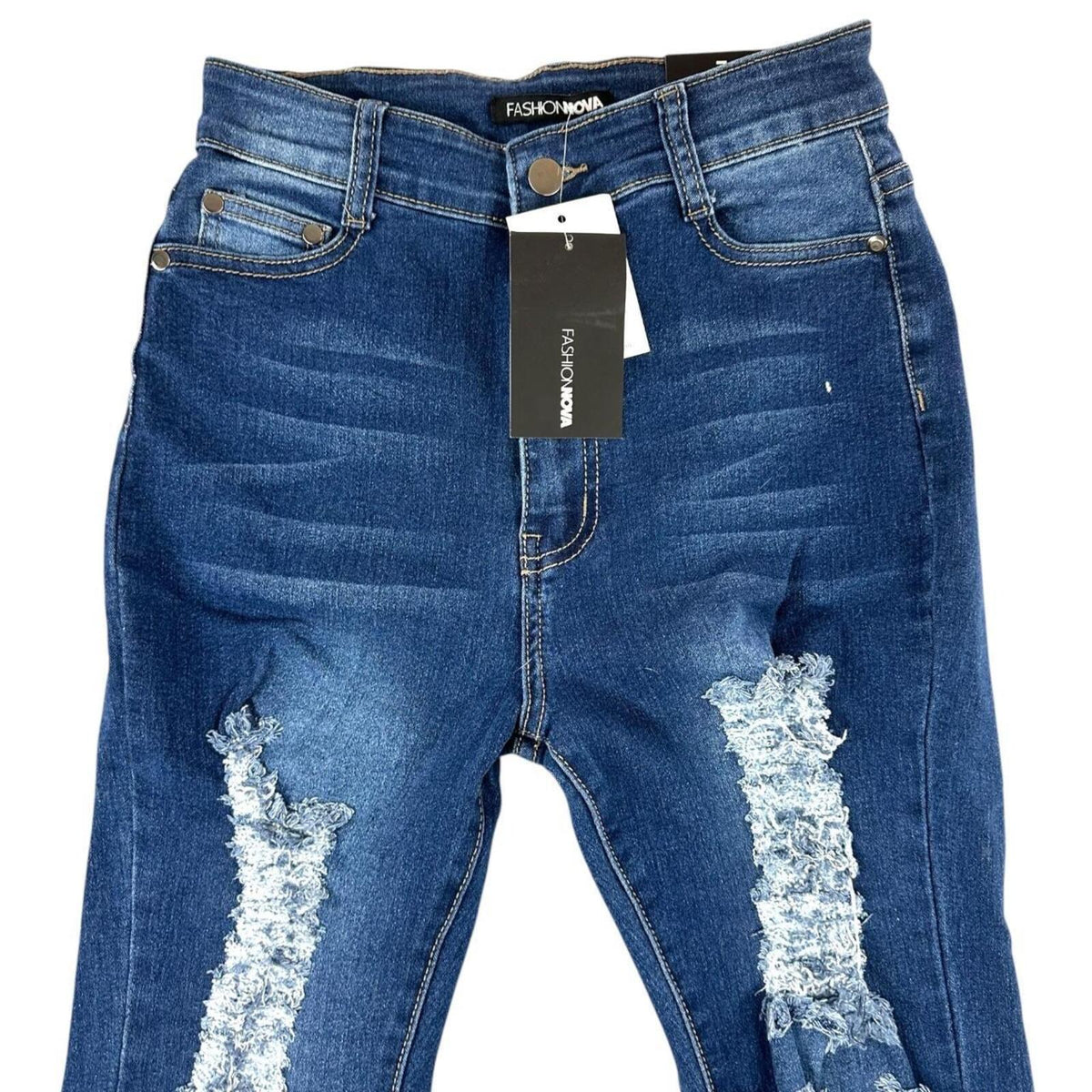 Fashion Nova Heavy Distressed Skinny Jeans High Waisted Blue Navy Stretch Denim