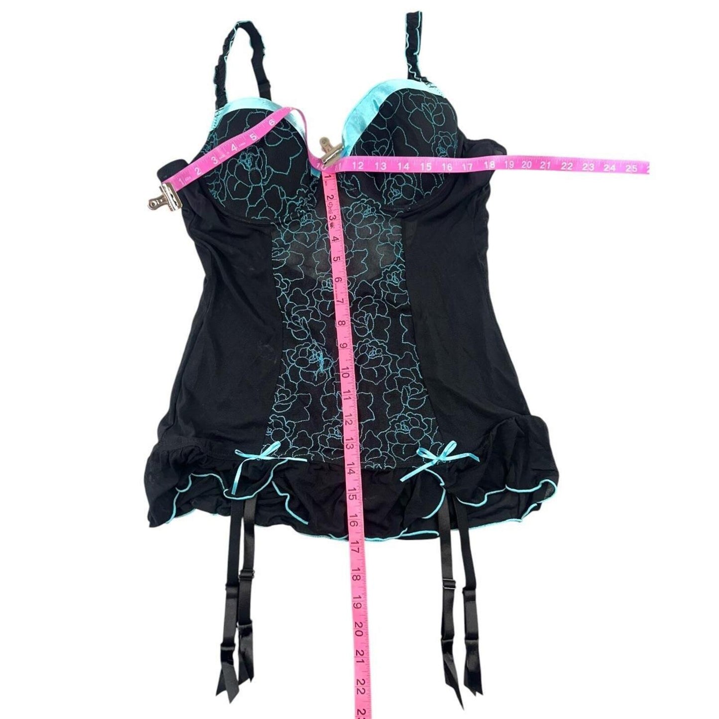 Undercover Black and Turquoise Floral Embroidered Sheer Mesh Corset Top Size 38C