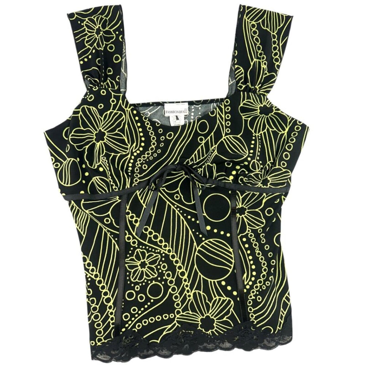 Fashion Bug Y2K Corset Style Tank Top Black Neon Green Floral Whimsigoth Fairy