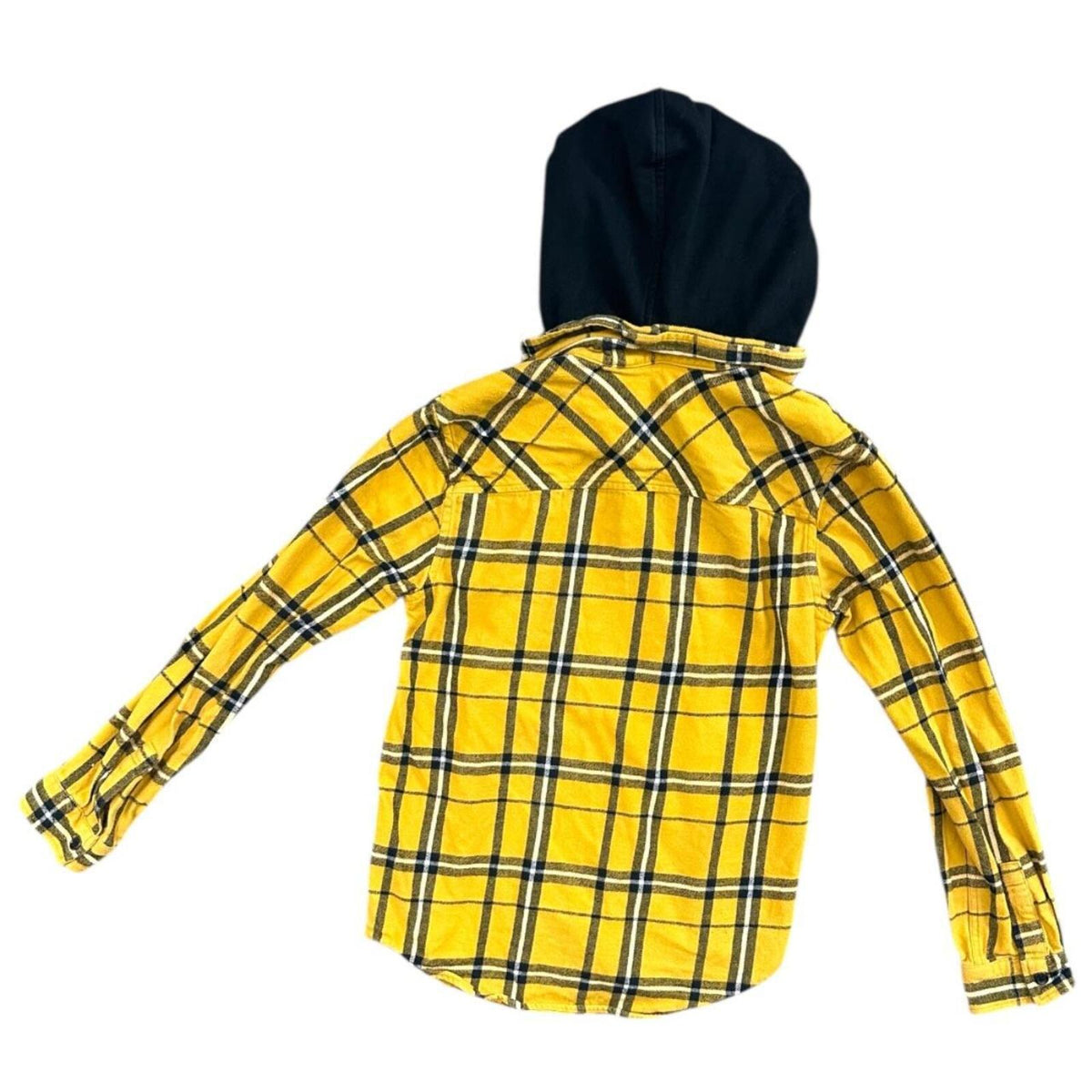 Original Use Long Sleeve Hooded Flannel Shirt Yellow Black White Plaid