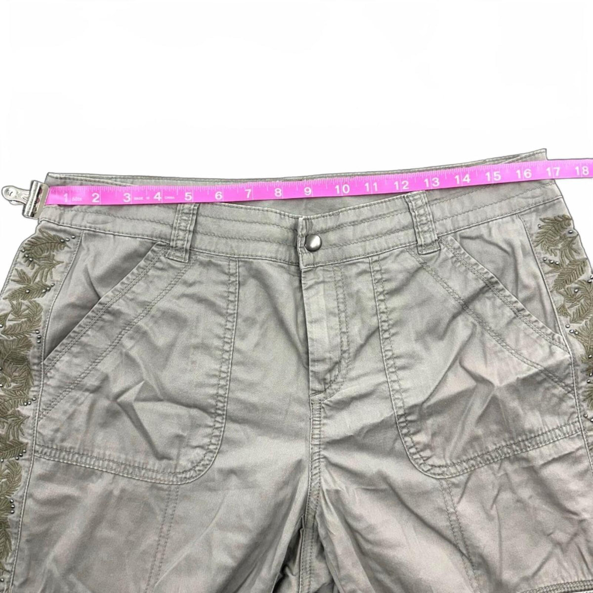 Y2K Khaki Gray Cropped Cargo Pants with Embroidered Side Detail