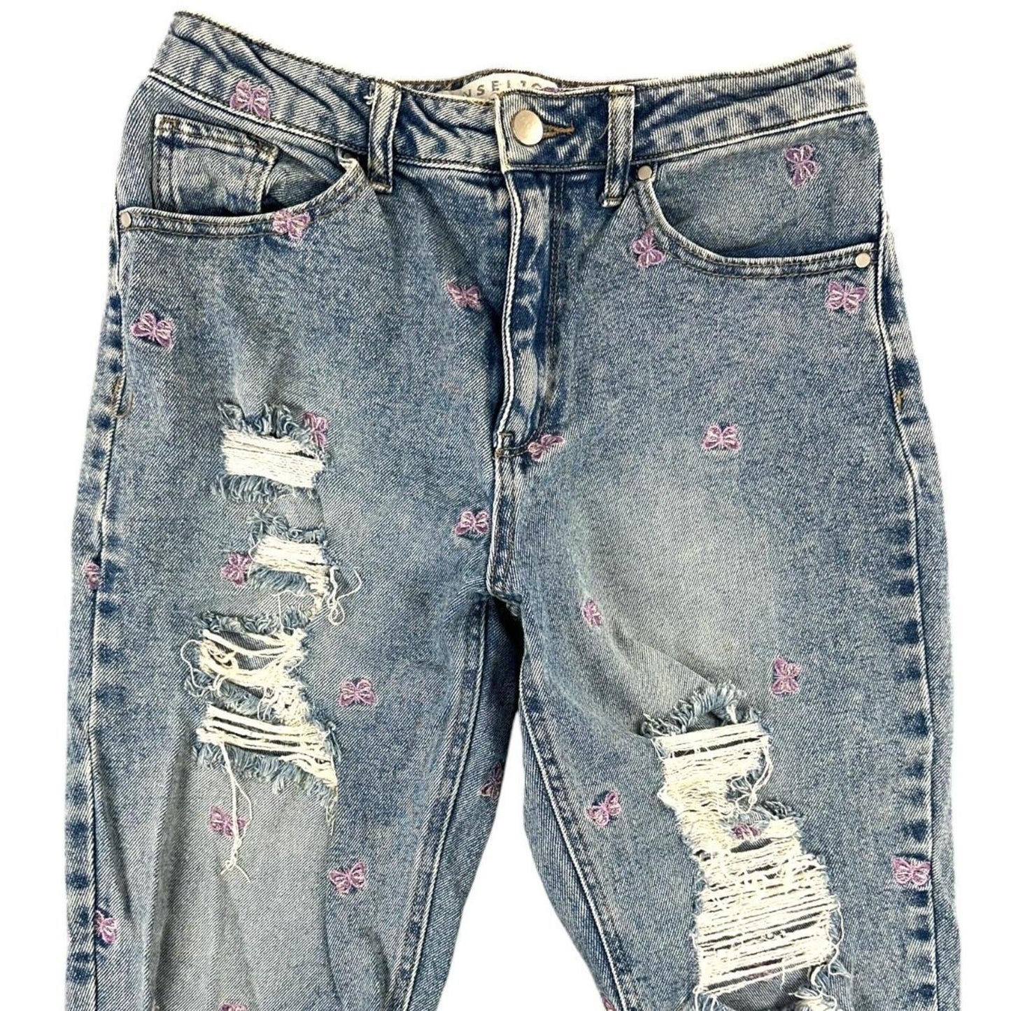 Tinseltown Butterfly Embroidered Distressed Mom Jeans High Rise Y2K Fairycore