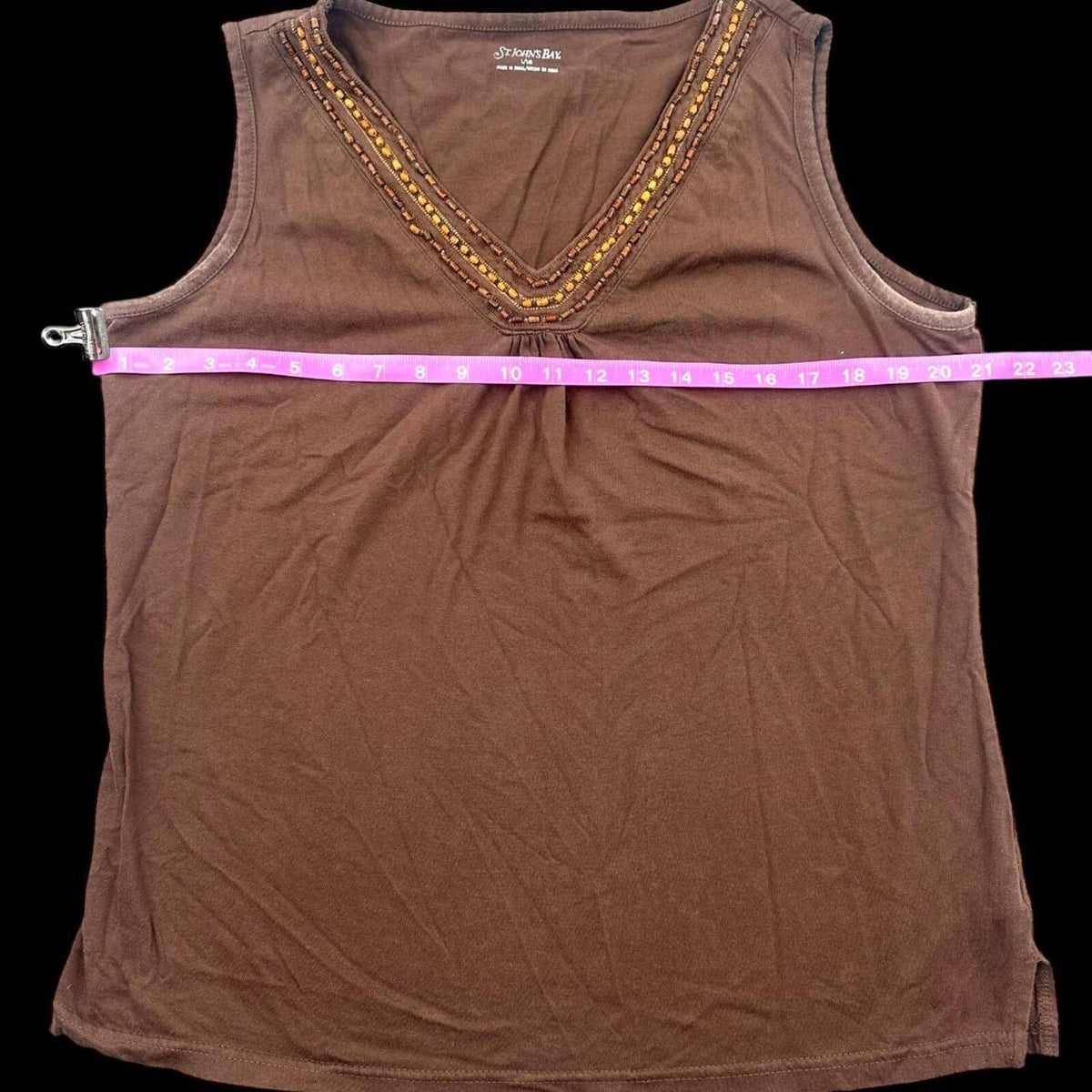 St. John's Bay Brown Beaded V Neck Tank Top Bohemian Indie