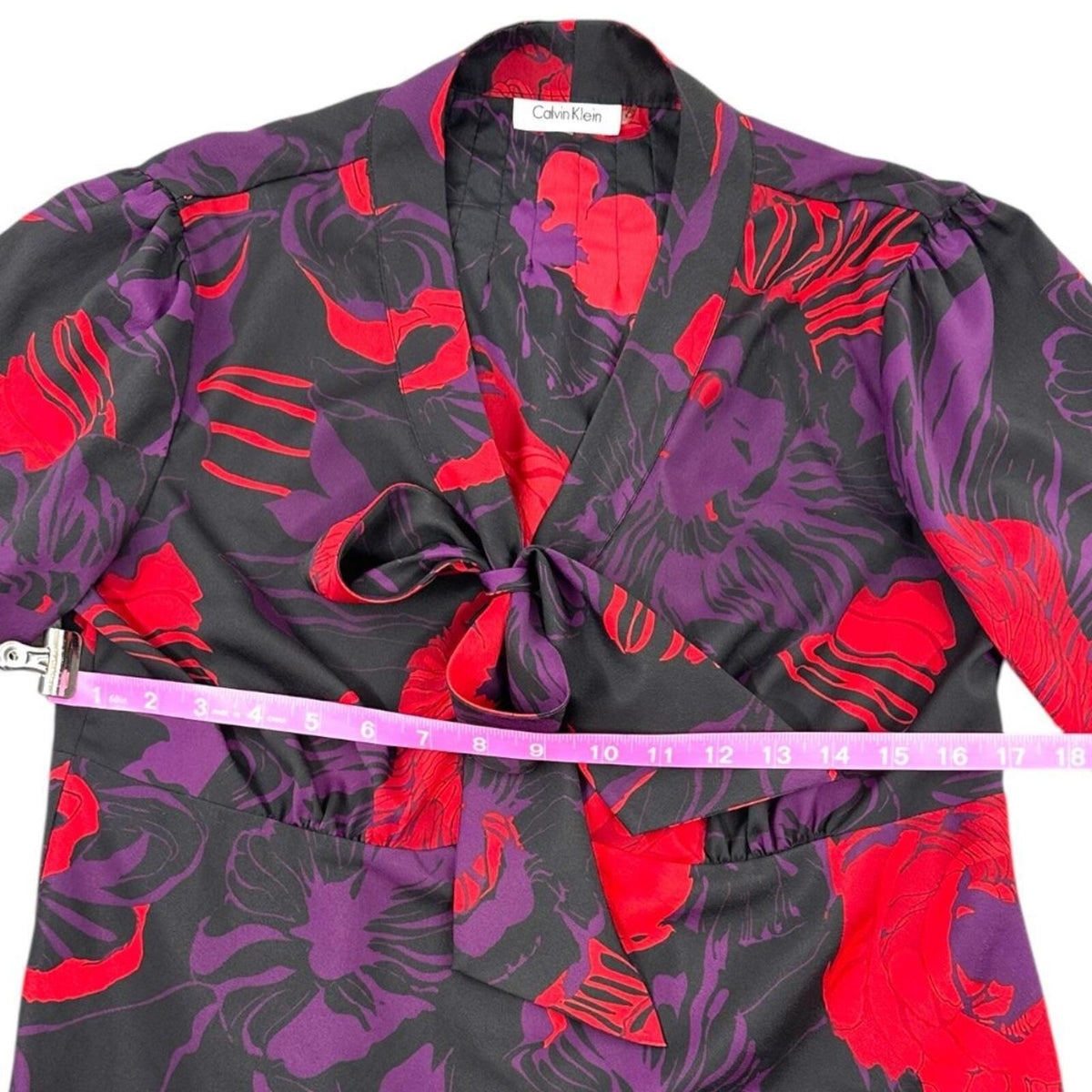 Calvin Klein Floral Bow Collar 3/4 Sleeve Blouse Red Purple