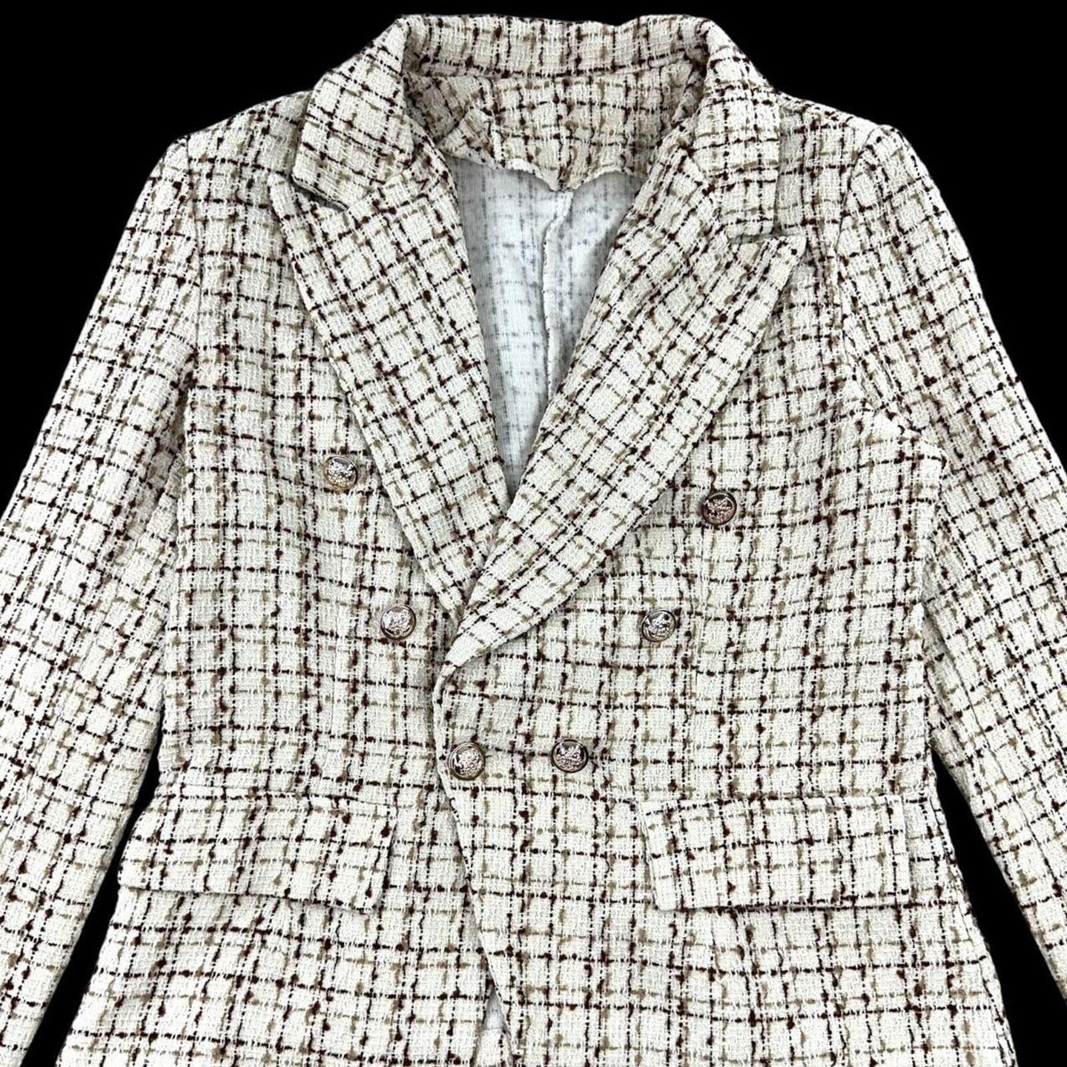 SHEIN Cream and Brown Tweed Double Breasted Blazer with Gold Buttons