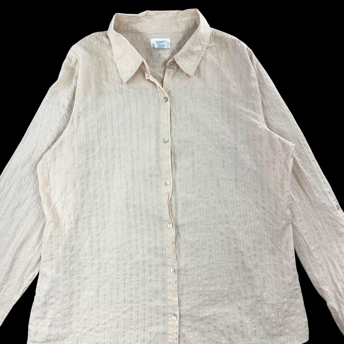 Sigrid Olsen Vintage Cream Linen Blend Button Down Blouse with Metallic Pinstrpe