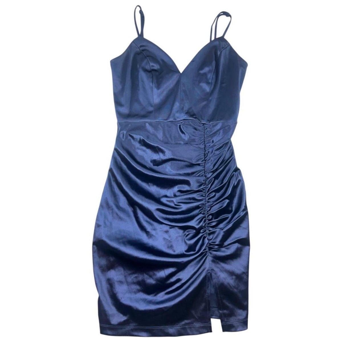 Emerald Sundae Navy Blue Satin Mini Dress with Ruched Detailing
