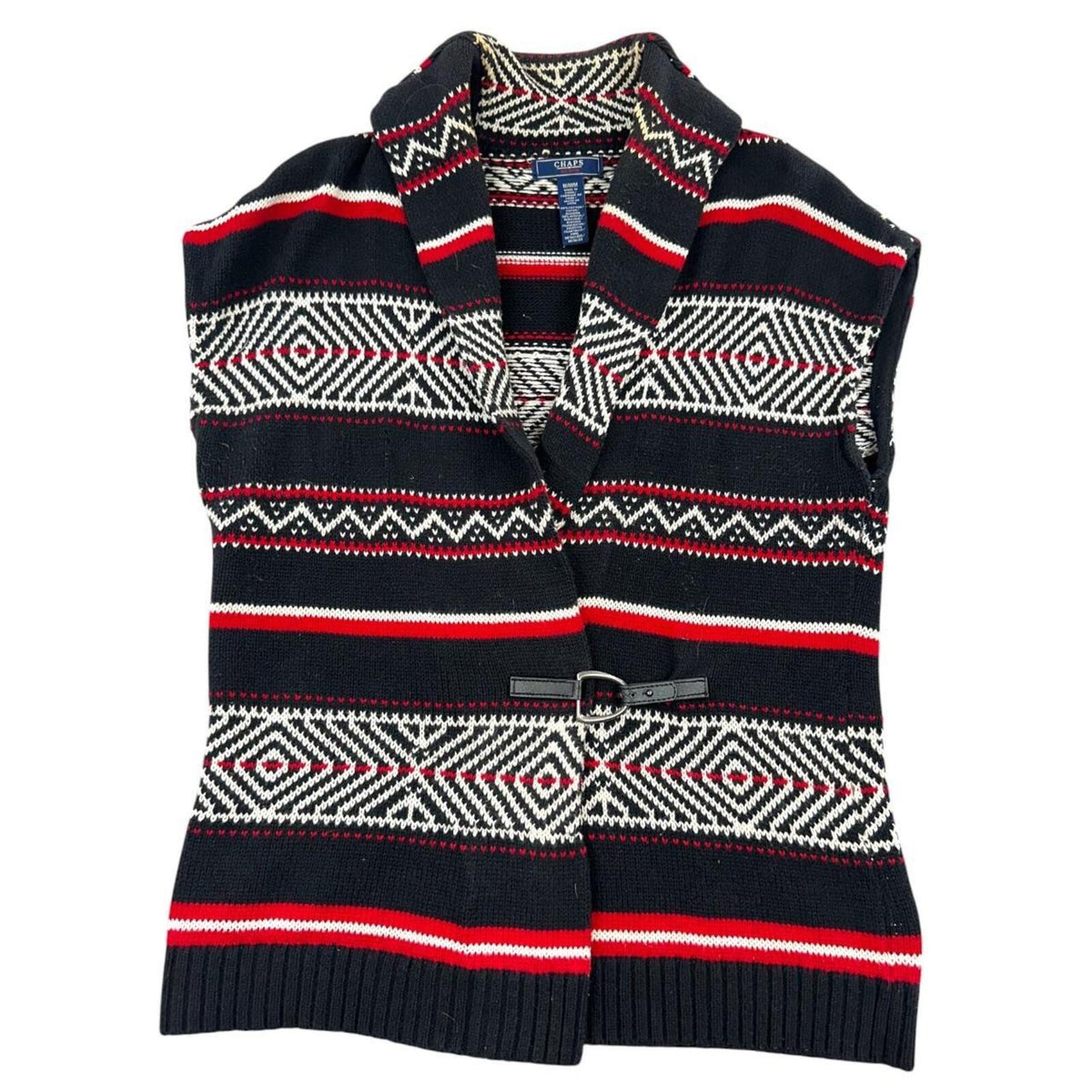 Chaps Geometric Southwestern Sweater Vest with Toggle Closure Black Red White