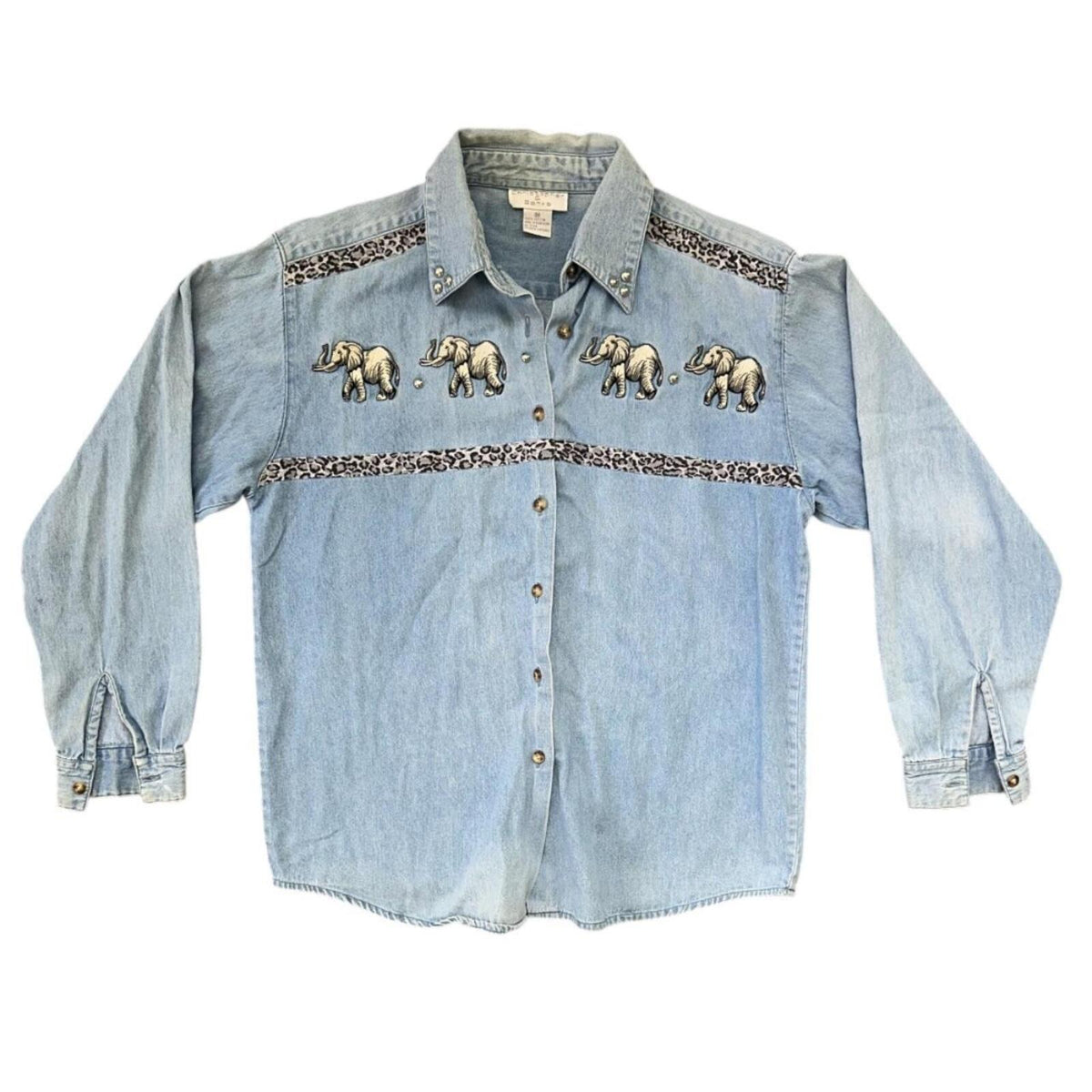 Christopher & Banks Vintage Denim Shirt with Embroidered Elephants Leopard Trim