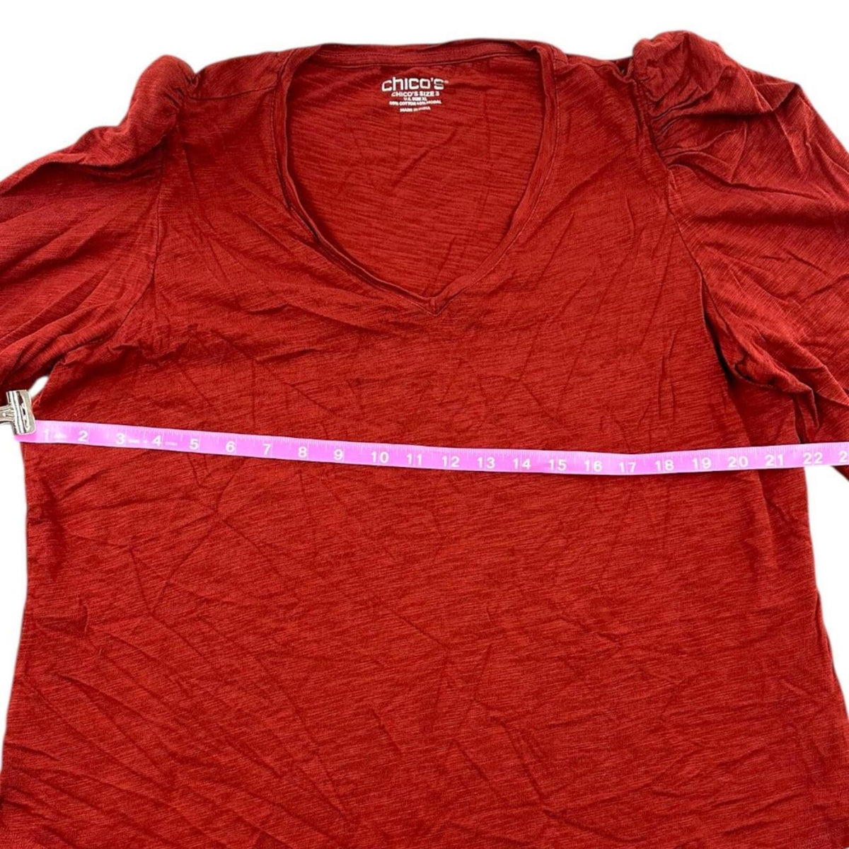 Chico's Red V Neck Top with Ruched Sleeves Bohemian Coquette