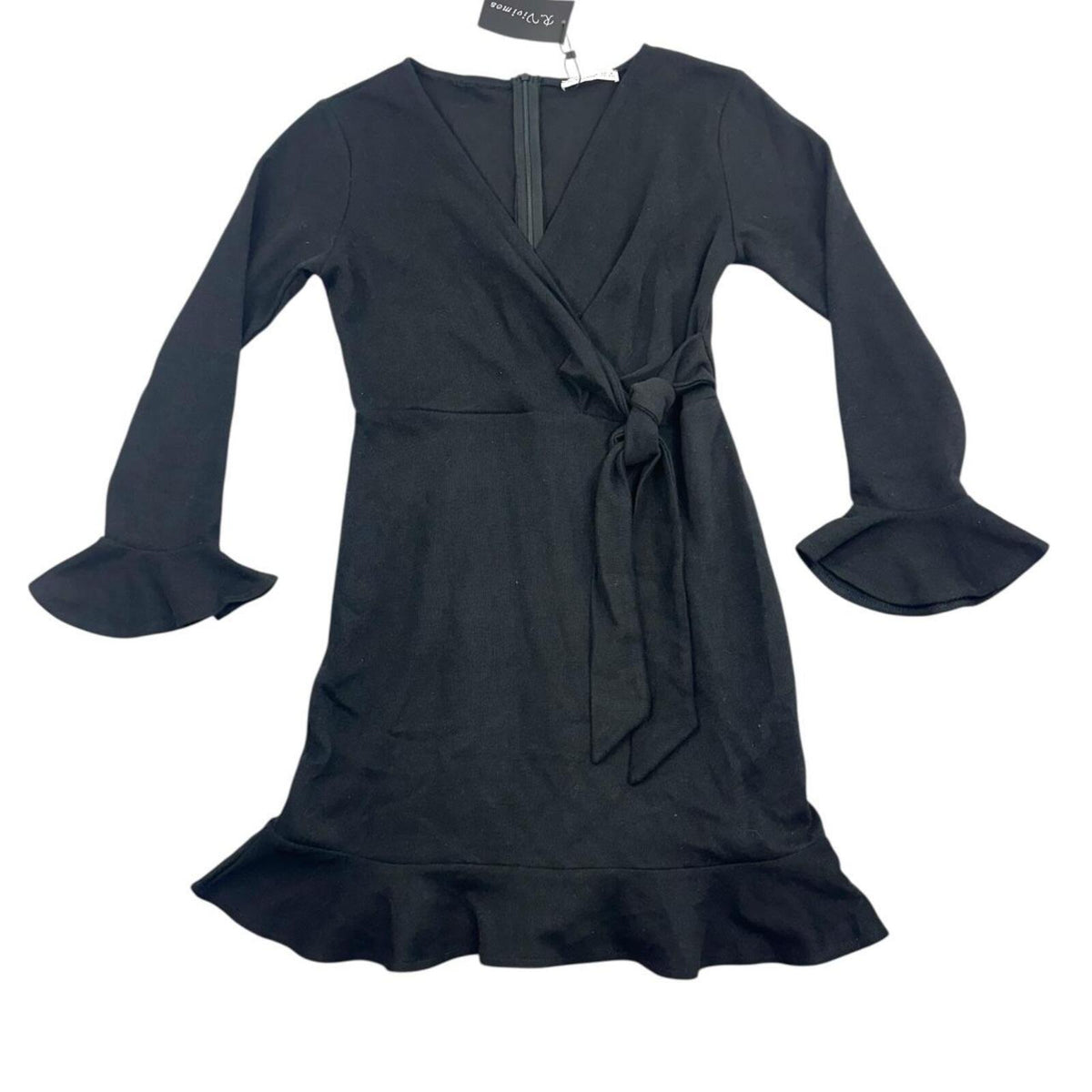 R. Vivimos Black Wrap Mini Dress with Bell Sleeves and Ruffled Hem