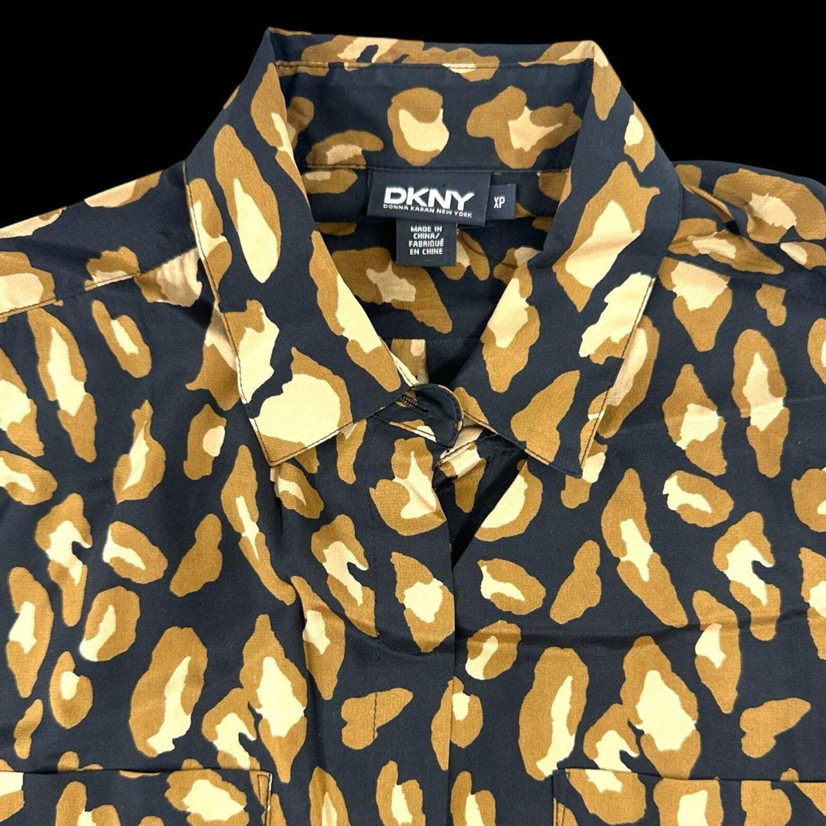 DKNY Leopard Print Shirt Dress Black Brown Y2K Mob Wife Glam