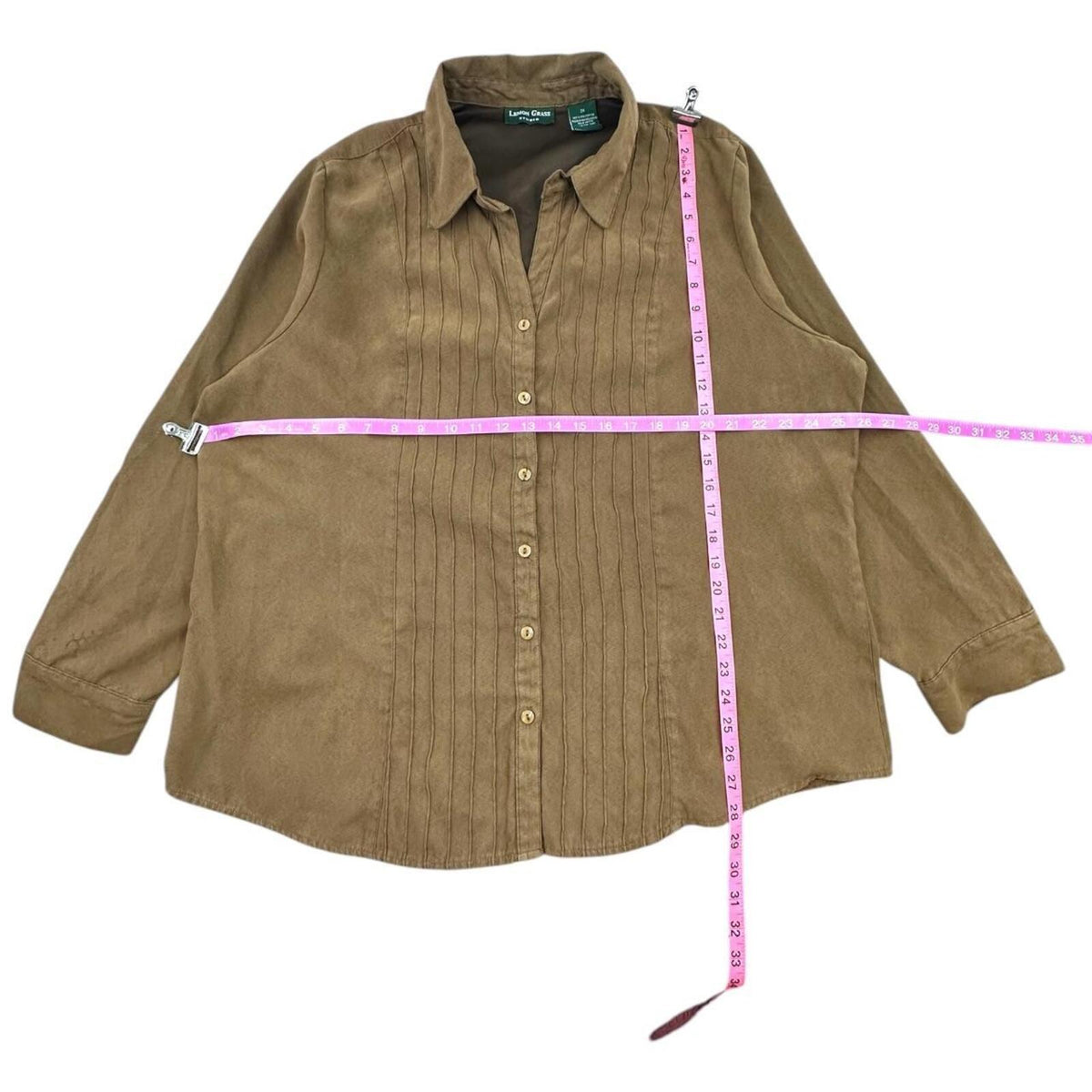 Lemon Grass Studio Faux Suede Button Up Shirt with Pintuck Detail Brown