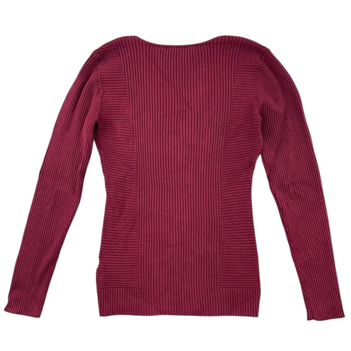 White House Black Market Burgundy V Neck Ribbed Sweater Elegant Preppy Minimal