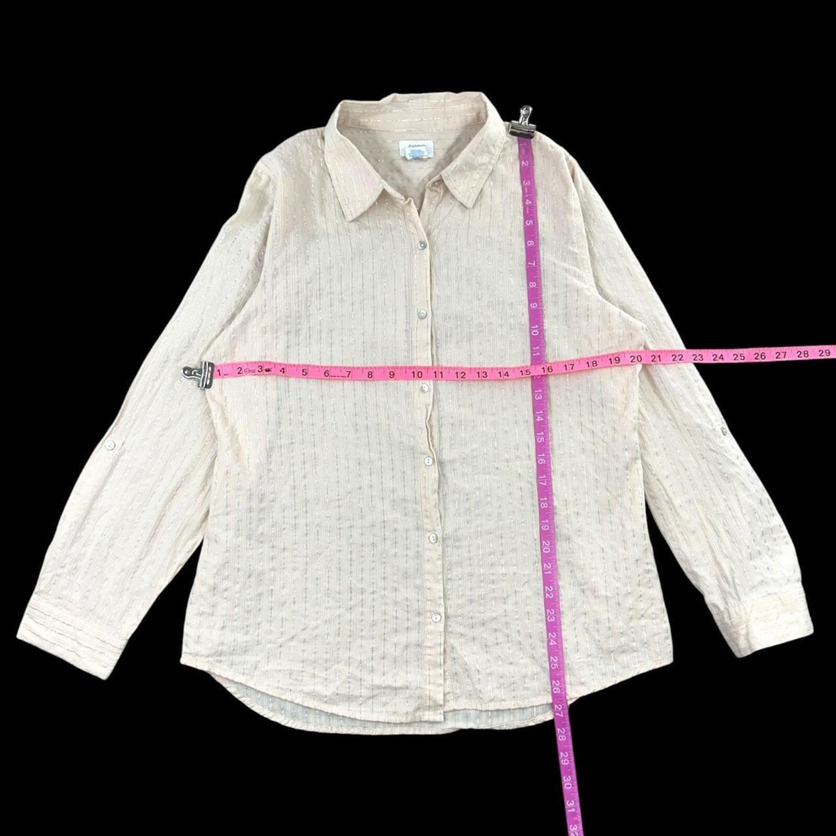 Sigrid Olsen Vintage Cream Linen Blend Button Down Blouse with Metallic Pinstrpe