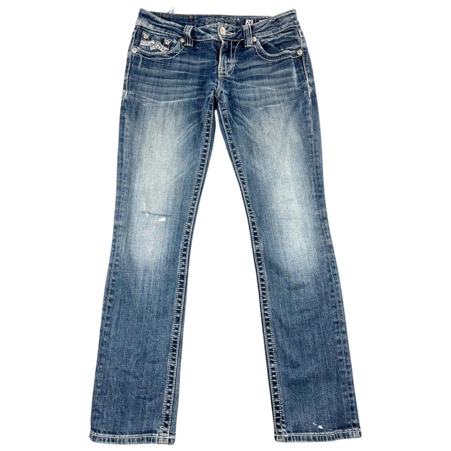 Miss Me Y2K Denim Jeans Mid Rise Straight Leg Blue with Rhinestone Embellished