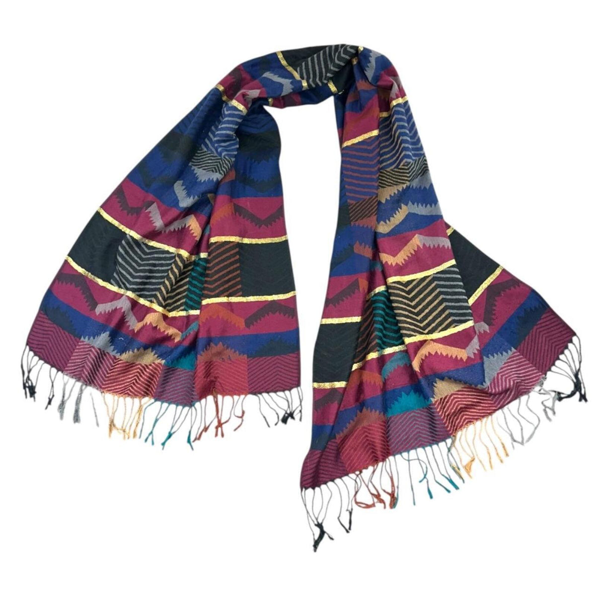Colorful Geometric Patterned Scarf with Fringe