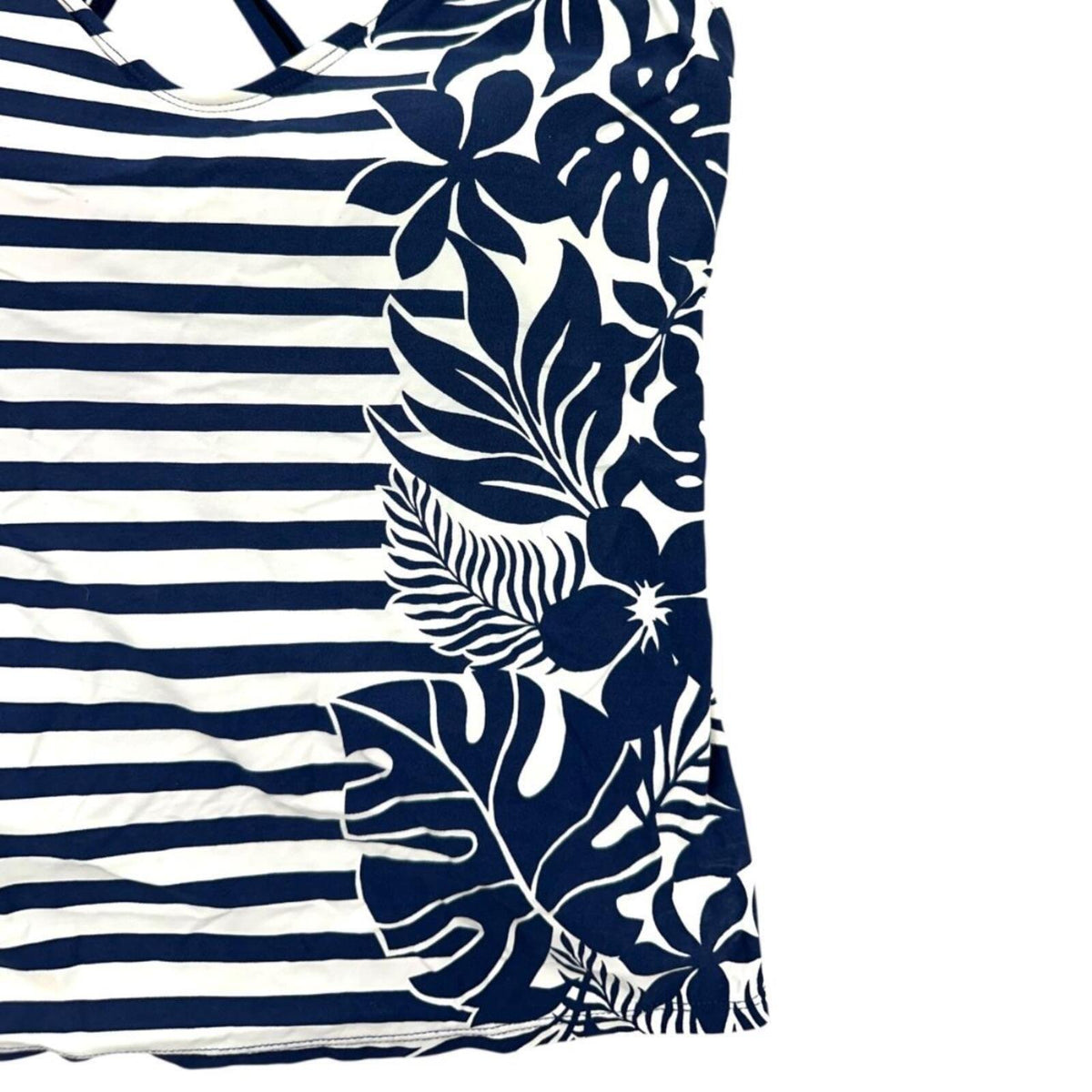 Beach House Tankini Swim Top Navy White Striped Tropical Leaf Y2K