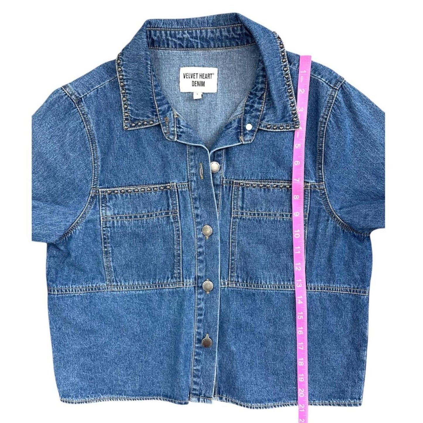 Velvet Heart Denim Cropped Jacket with Studded Details and Balloon Sleeves