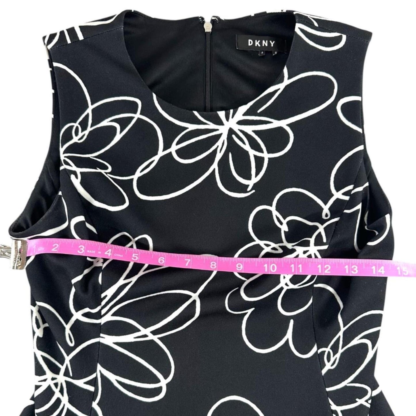DKNY Sleeveless Fit and Flare Dress Black with White Floral Print