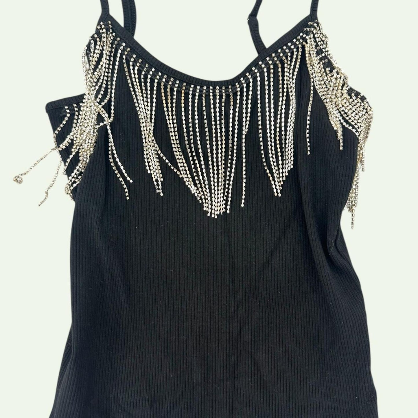 Charlotte Russe Rhinestone Fringe Tank Top Black Y2K Punk Western