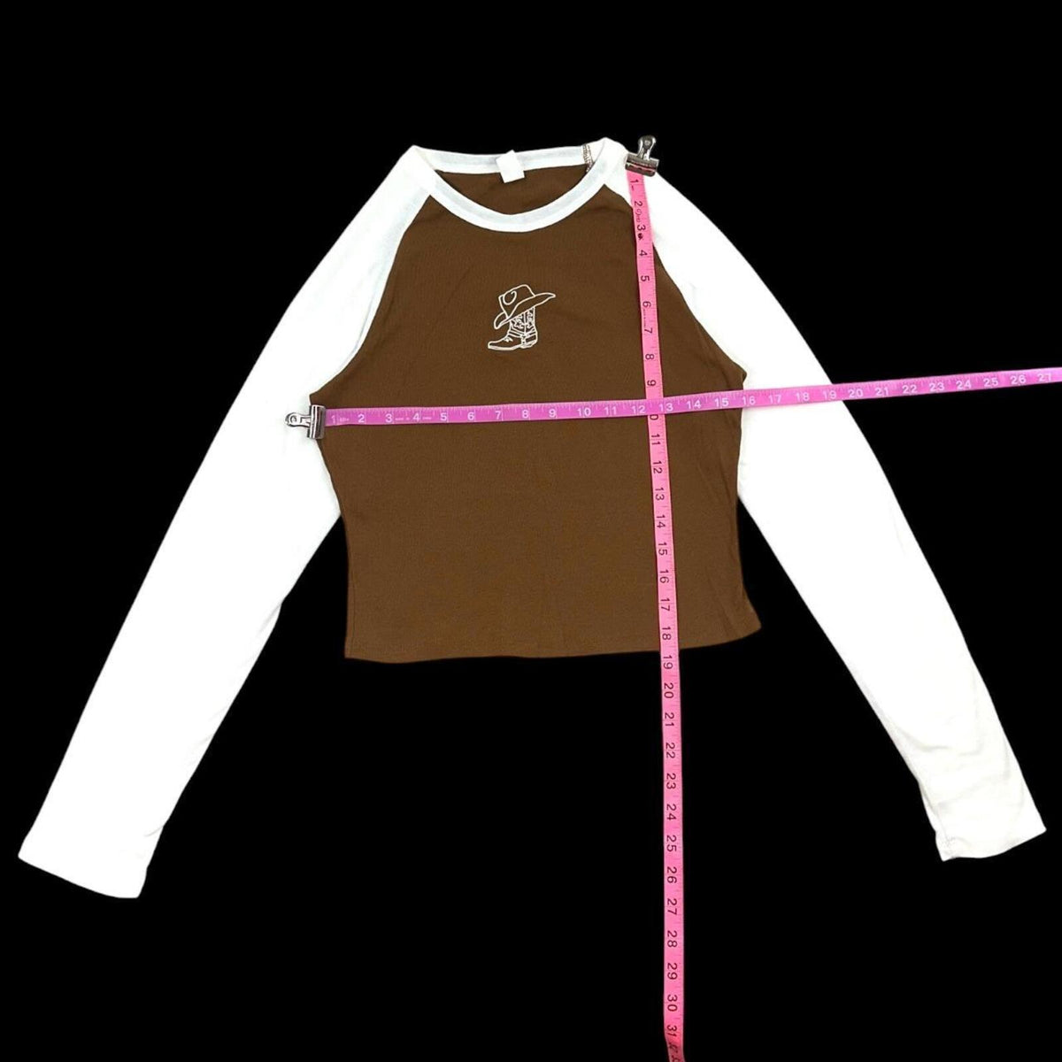 Y2K Cowboy Core Brown and White Raglan Long Sleeve Baby Tee with Embroidery